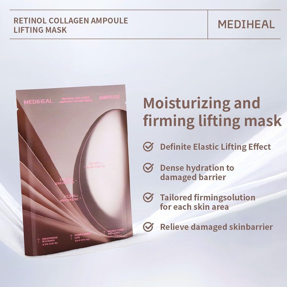 Emballage avec texte : "Retinol Collagen Ampoule Lifting Mask". Marque MEDIHEAL. Texte : "Moisturizing and firming lifting mask".