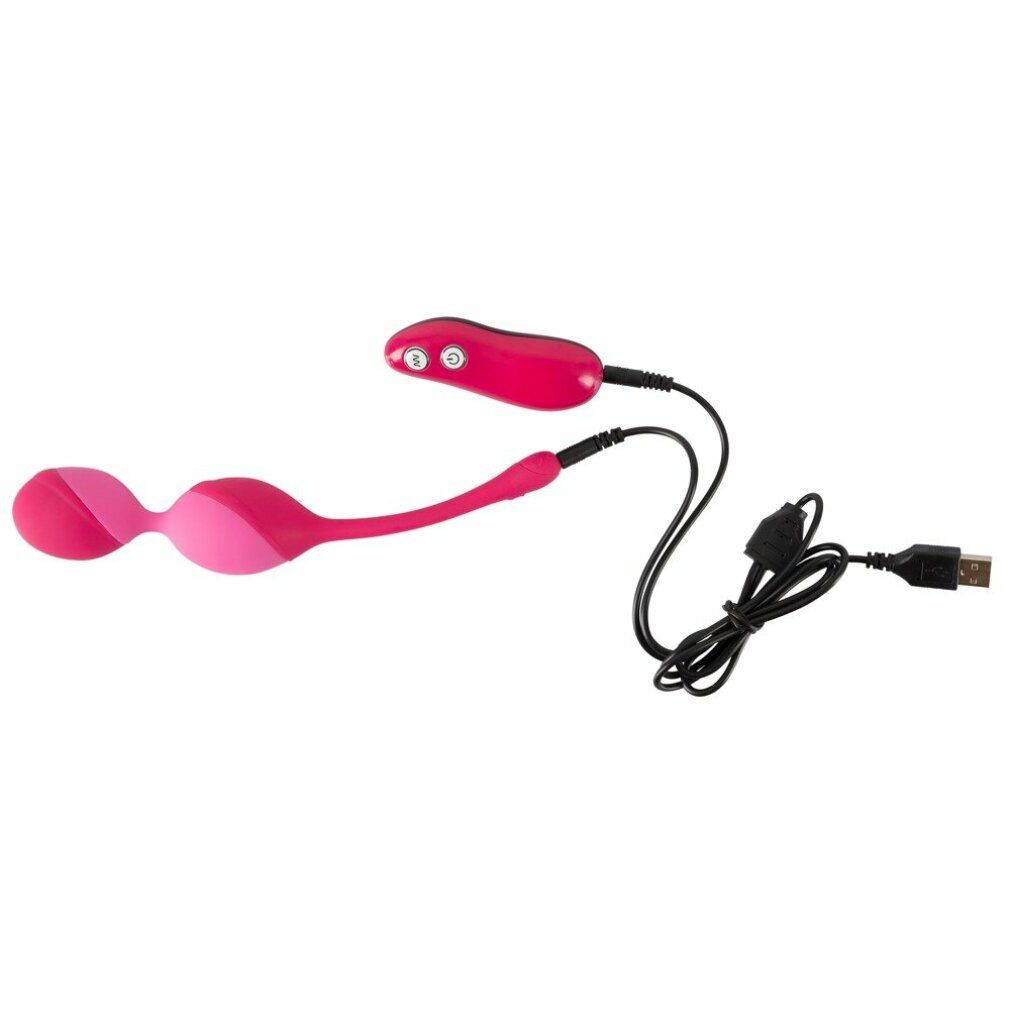 Duo de boules vibrantes roses avec télécommande et câble de charge. Produit sur fond blanc.