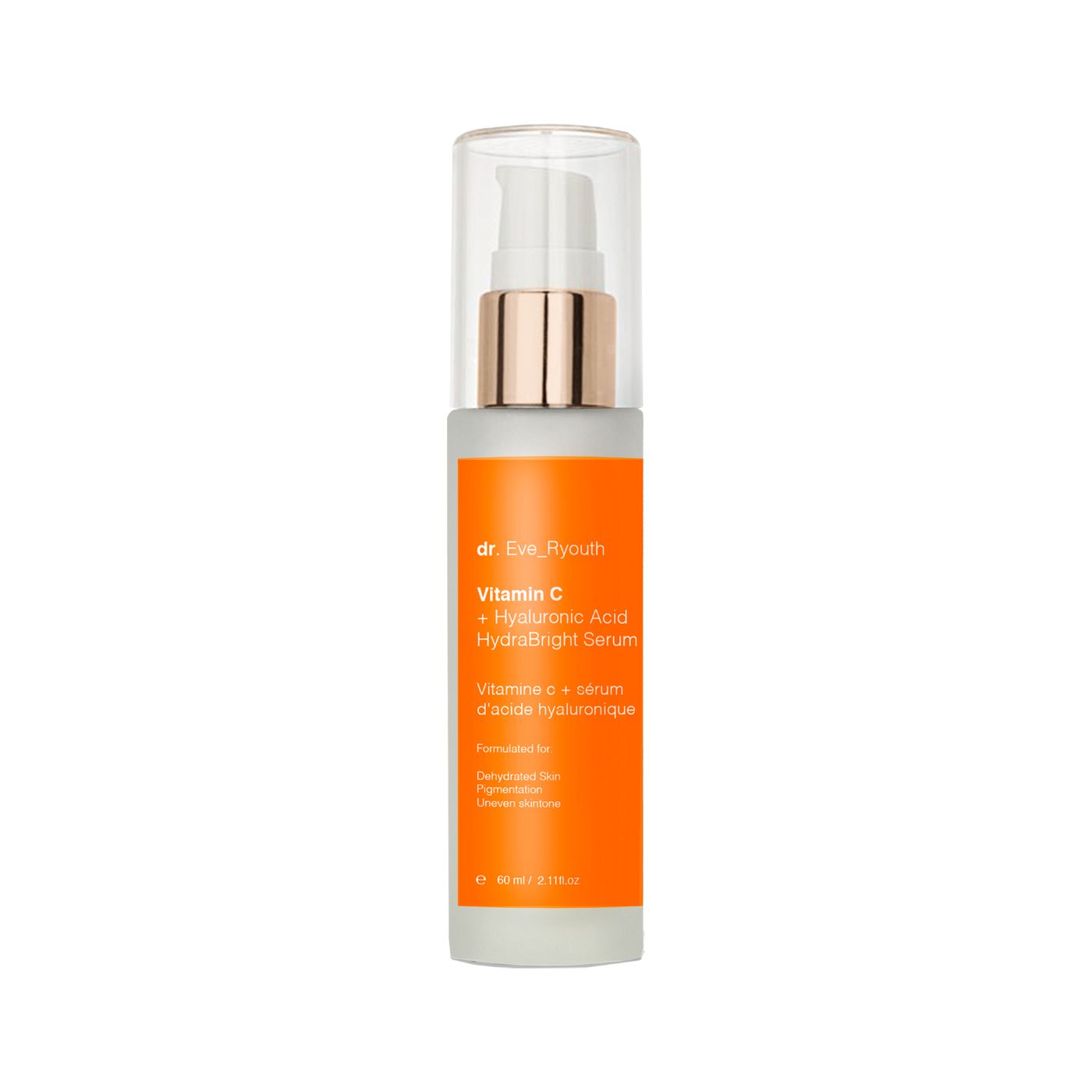 Flacon de sérum Dr. Eve Ryouth Vitamine C + Acide Hyaluronique Hydrabright sur fond blanc.
