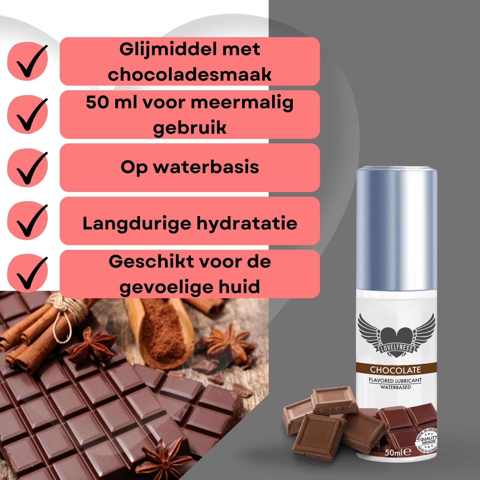 Glijmiddel met chocoladesmaak. 50 ml voor meermalig gebruik. Op waterbasis. Langdurige hydratatie.