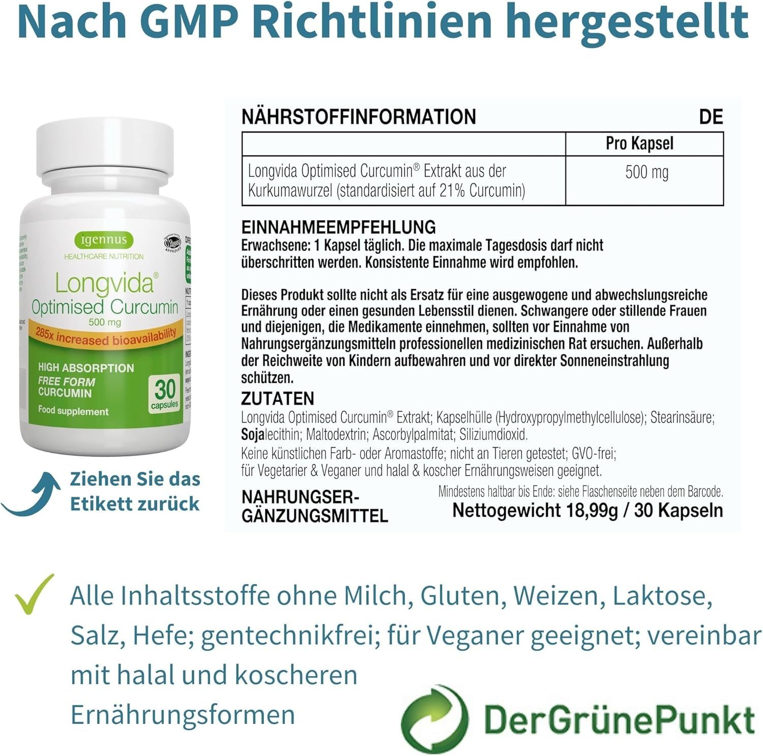 Twee flessen Igennus Longvida Curcumin, vijzel met kurkuma, capsules en plant.