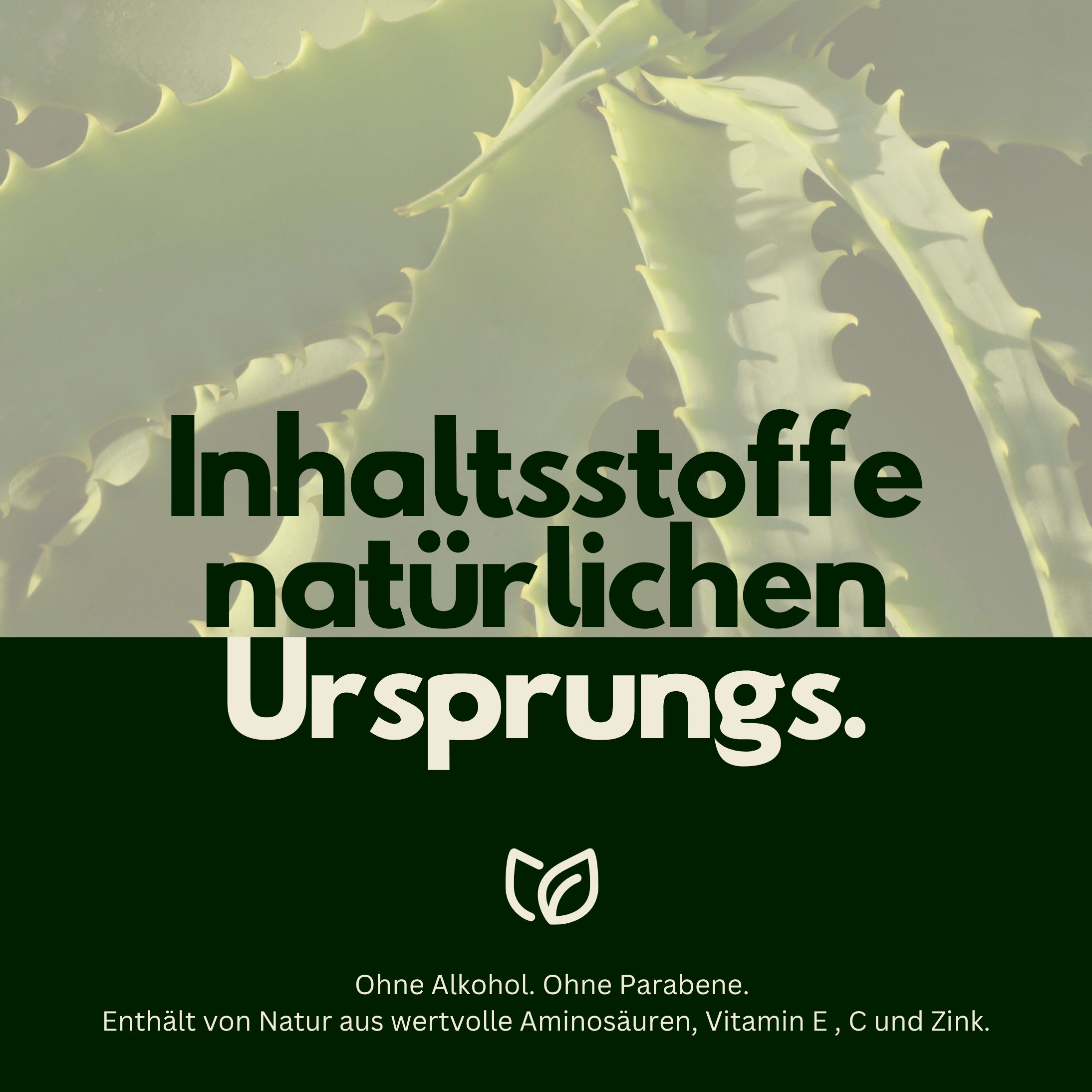 Groene achtergrond met tekst: Ingrediënten van natuurlijke oorsprong. Zonder alcohol, parabenen.
