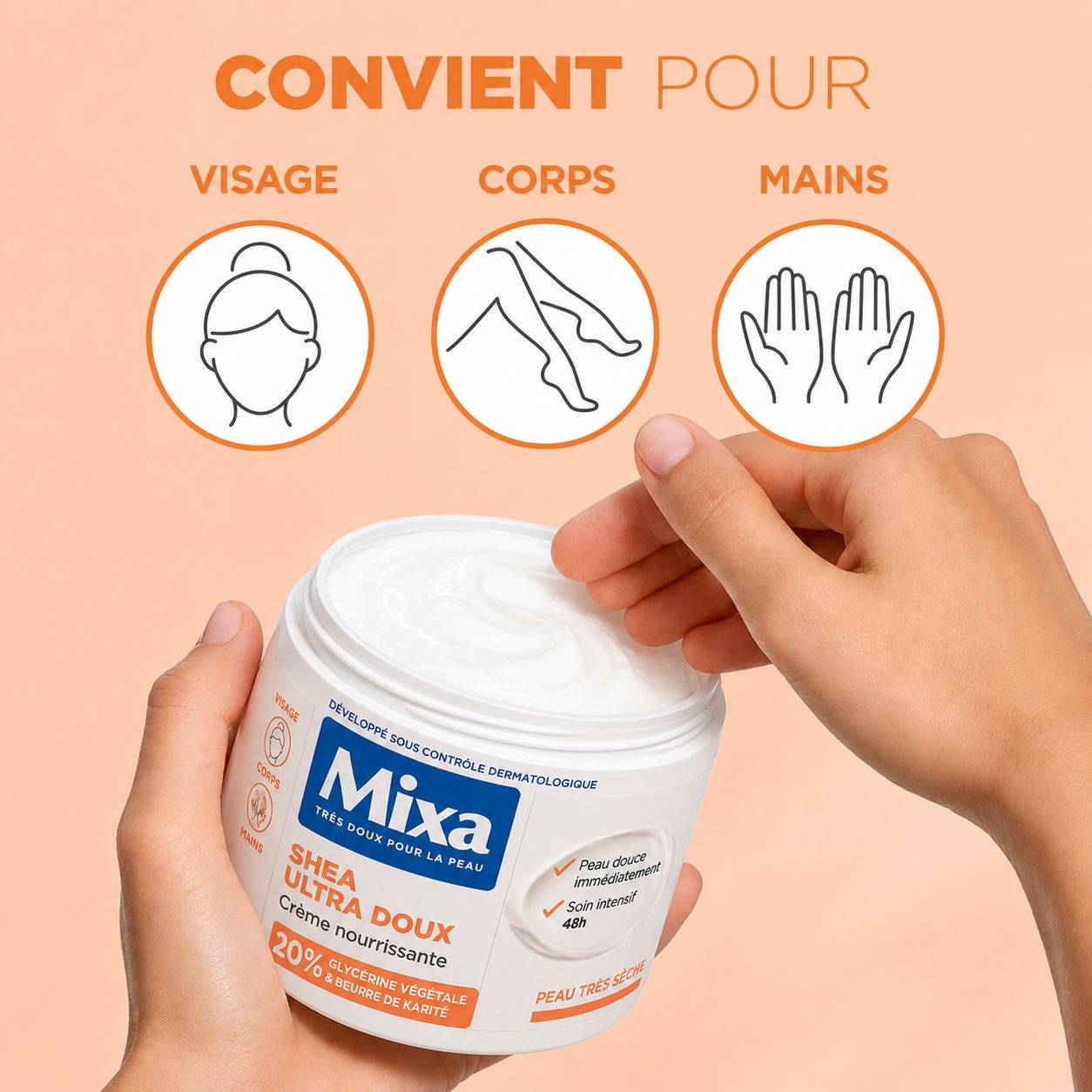 Crème Mixa Shea Ultra Doux dans un pot blanc, 20% glycérine végétale et beurre de karité.