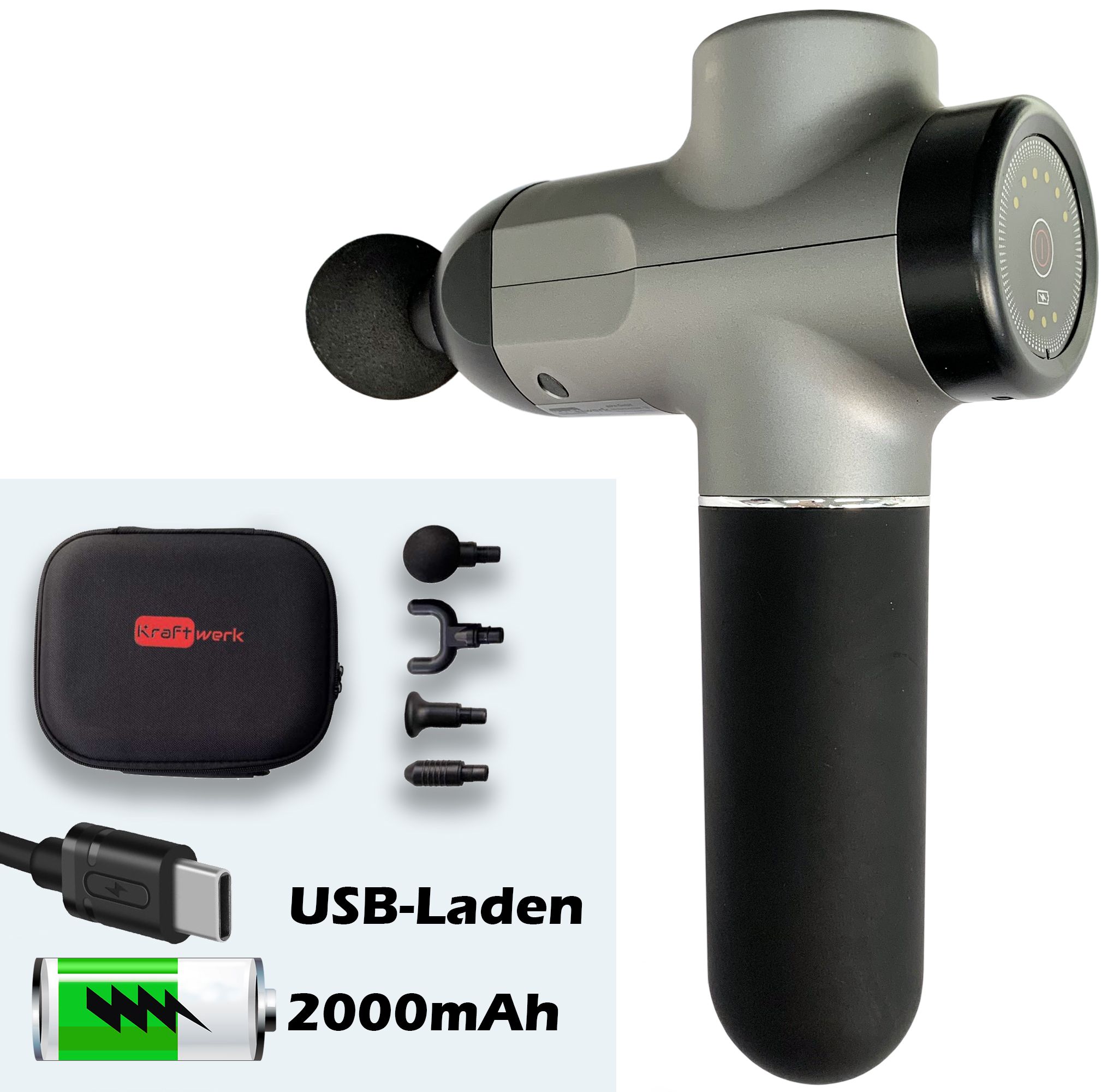 Grijze massagepistool met accessoires en zwarte tas. USB-opladen en 2000mAh batterij worden vermeld. Tekst is zichtbaar.