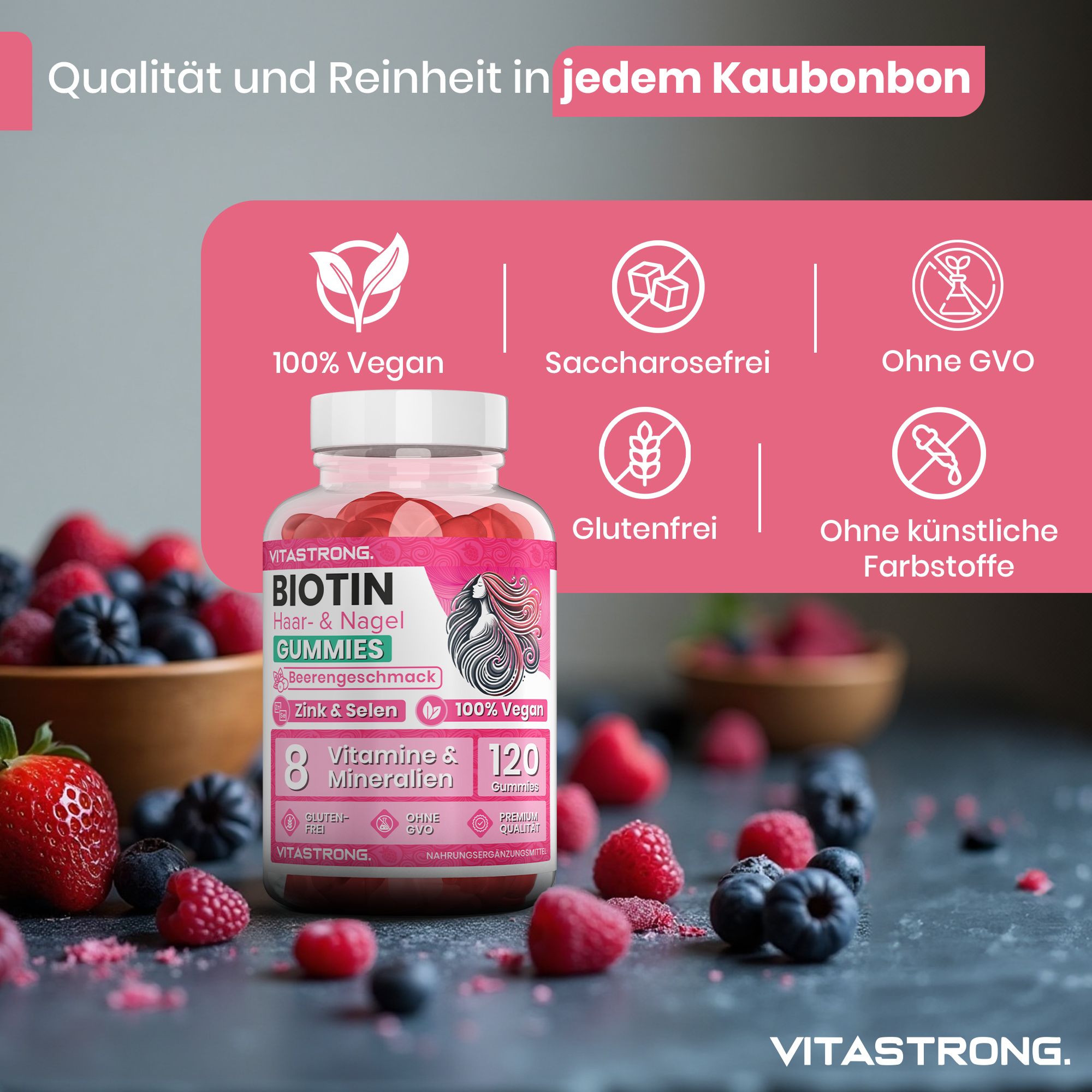 Pot de gummies entouré de baies. Texte : Biotine Gummies, 120 gummies, 8 vitamines et minéraux. 100% végétalien.