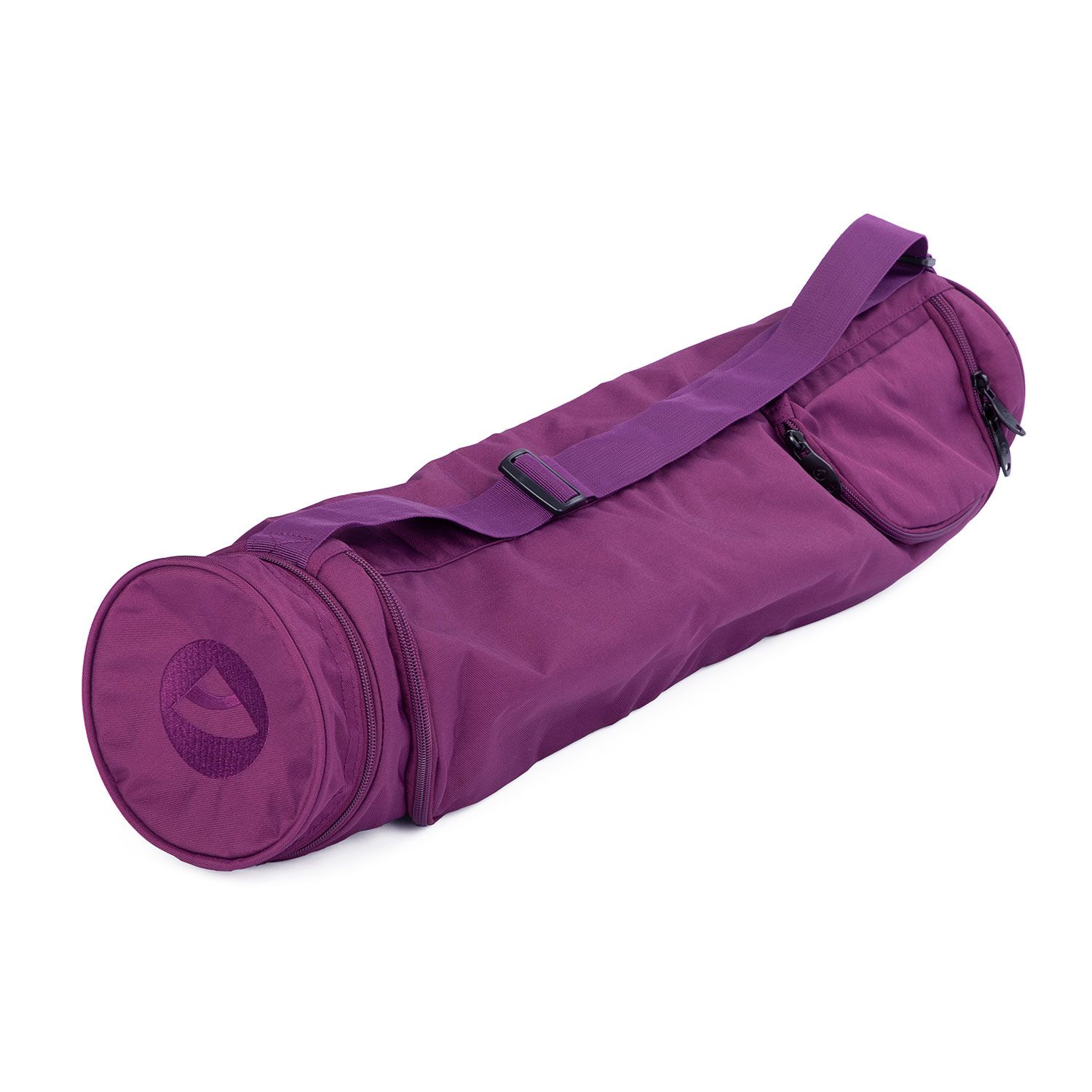Sac aubergine avec bandoulière. Forme cylindrique, fermetures éclair, polyester/polyamide.