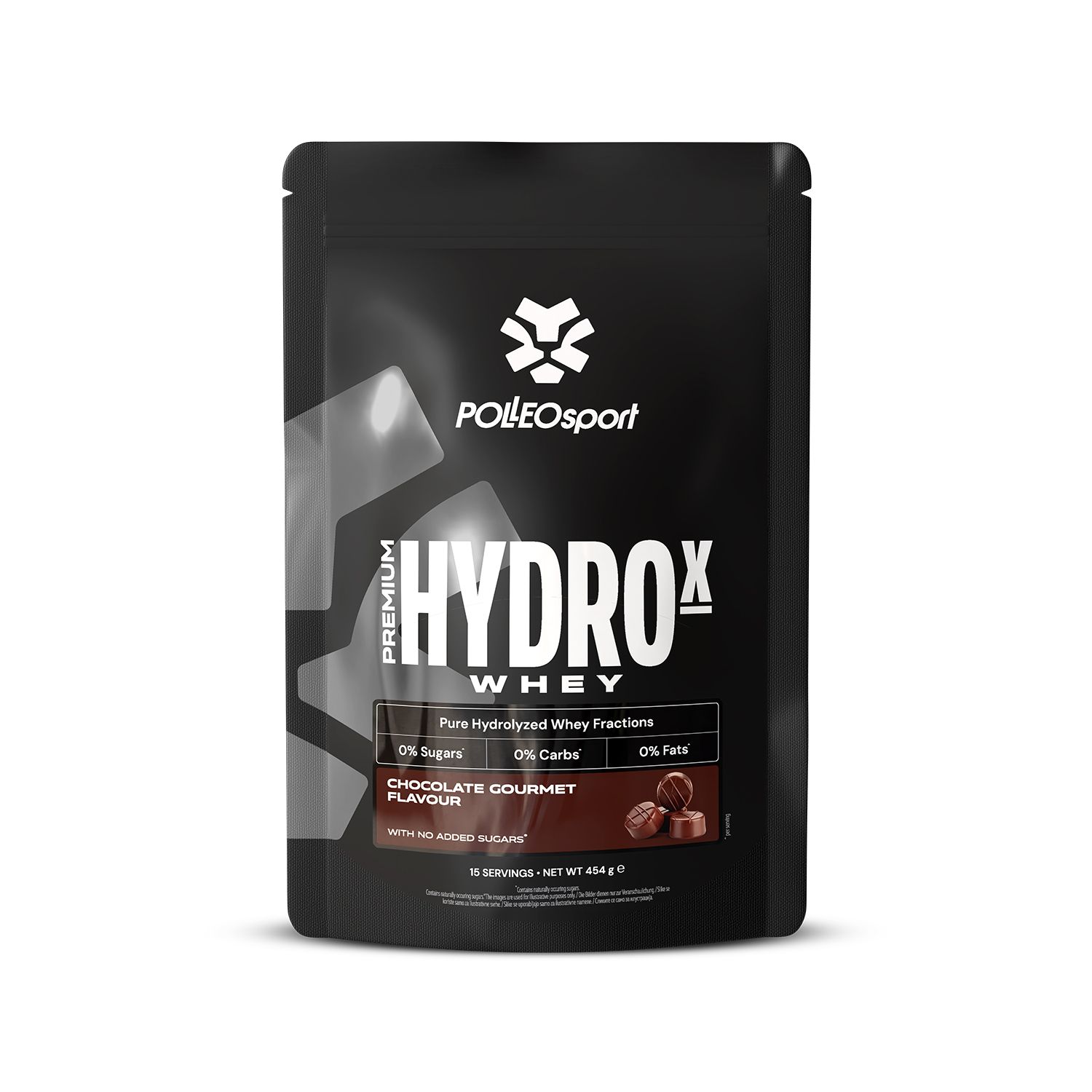 Zwarte zak "HYDROX Whey". Afbeelding van chocolade. Bevat 0% suiker, 0% koolhydraten, 0% vet. Netto gewicht 454 g.