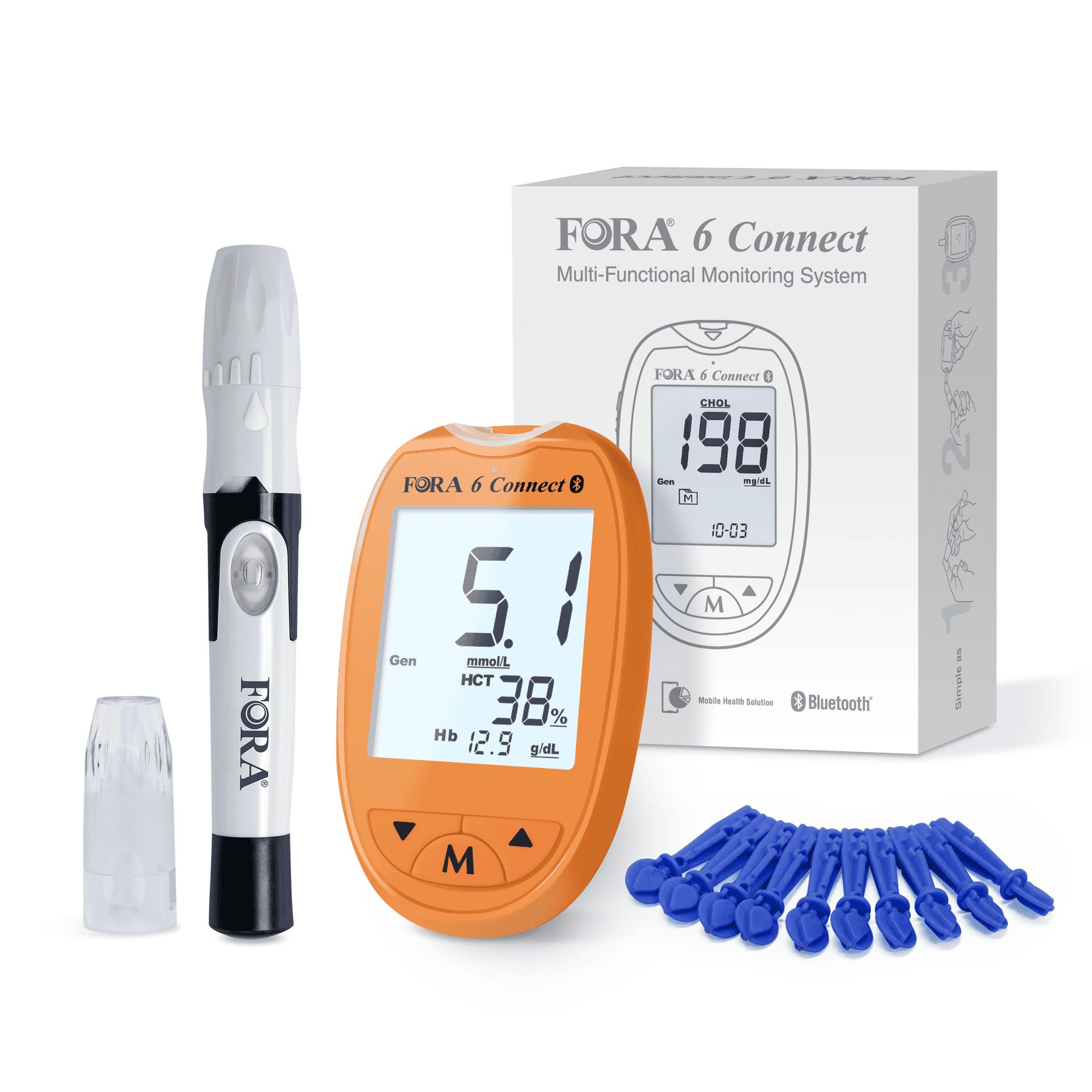 FORA 6 Connect bloedglucosemeter, oranje, met prikpen en lancetten. Doos met productafbeelding.