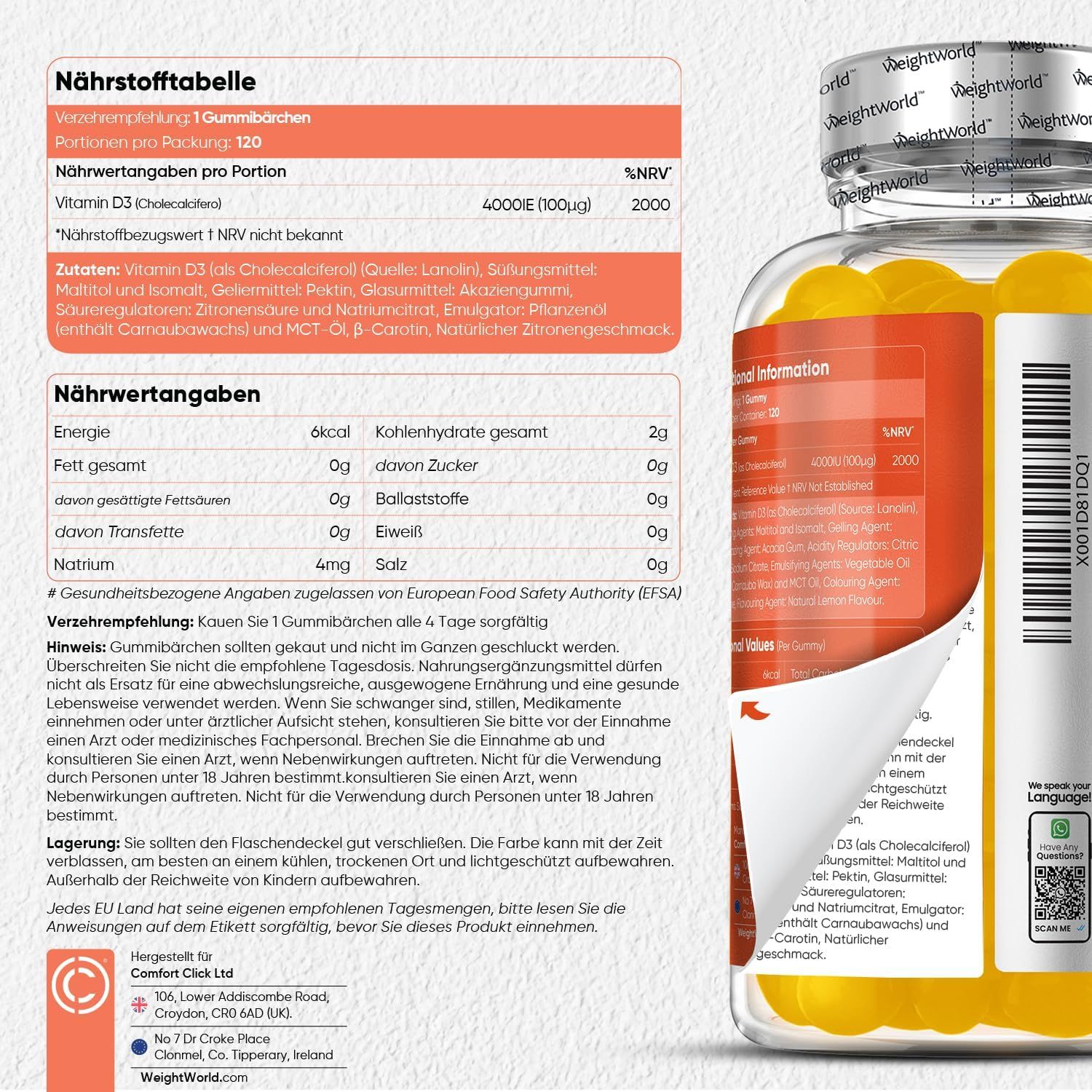 Tableau nutritionnel et informations au dos d'un flacon de gommes à la vitamine D3. Contient 120 gommes.