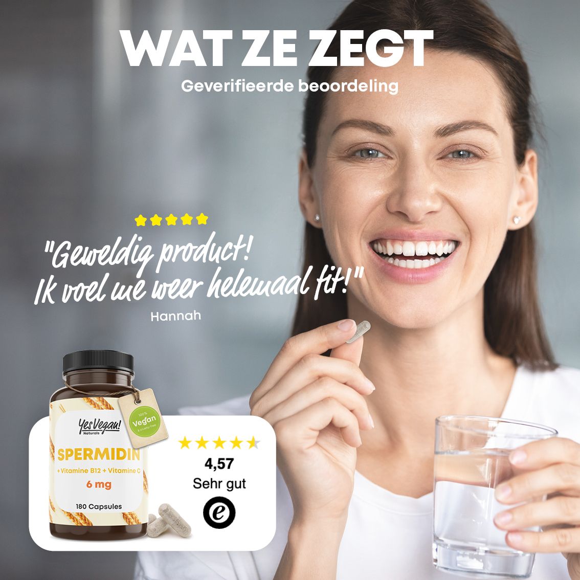 Fles met etiket dat ingrediënten en voordelen van spermidine capsules toont. 180 Capsules.