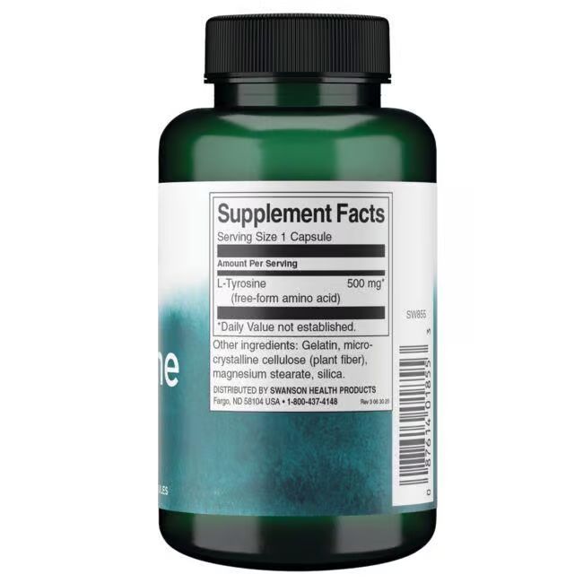Dos de la bouteille verte. Étiquette blanche avec informations nutritionnelles. Contient L-Tyrosine, 500 mg.
