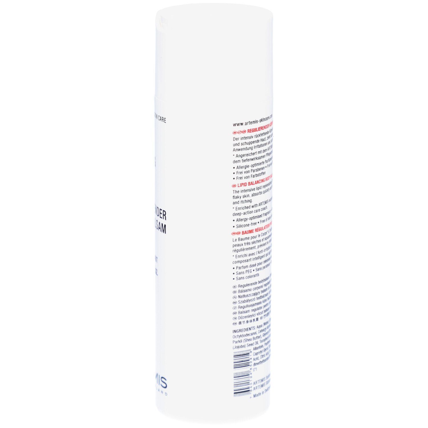 Witte fles met rode en zwarte tekst. MED Lipid Balancing Body Balm. Zwitsers kruis. 200ml.