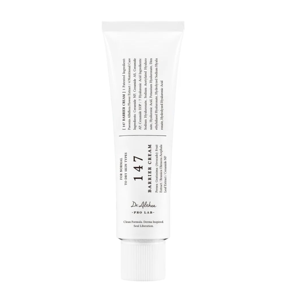 Witte tube met Dr. Althea 147 Barrier Cream opschrift en ingrediënten.