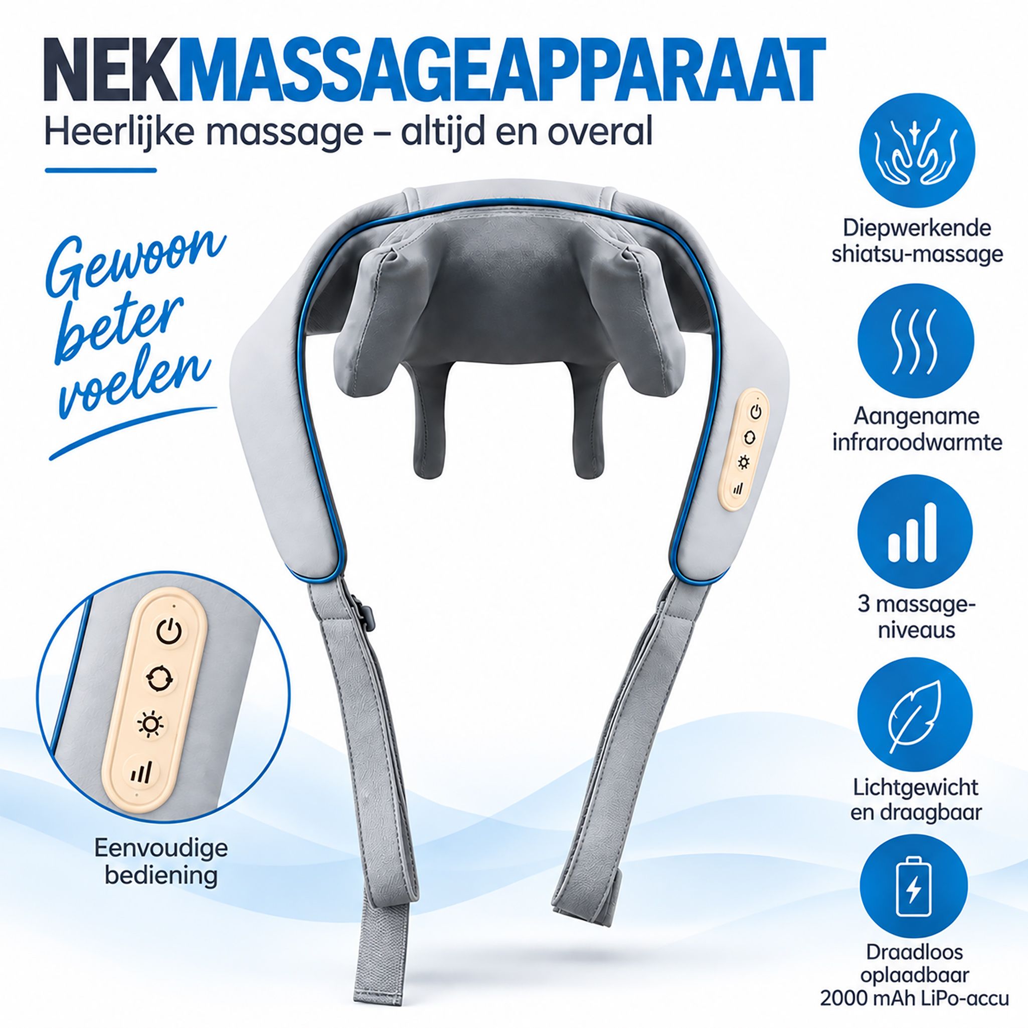 Vrouw met nekmassager, het apparaat biedt shiatsu-massage, warmte en 3 standen.