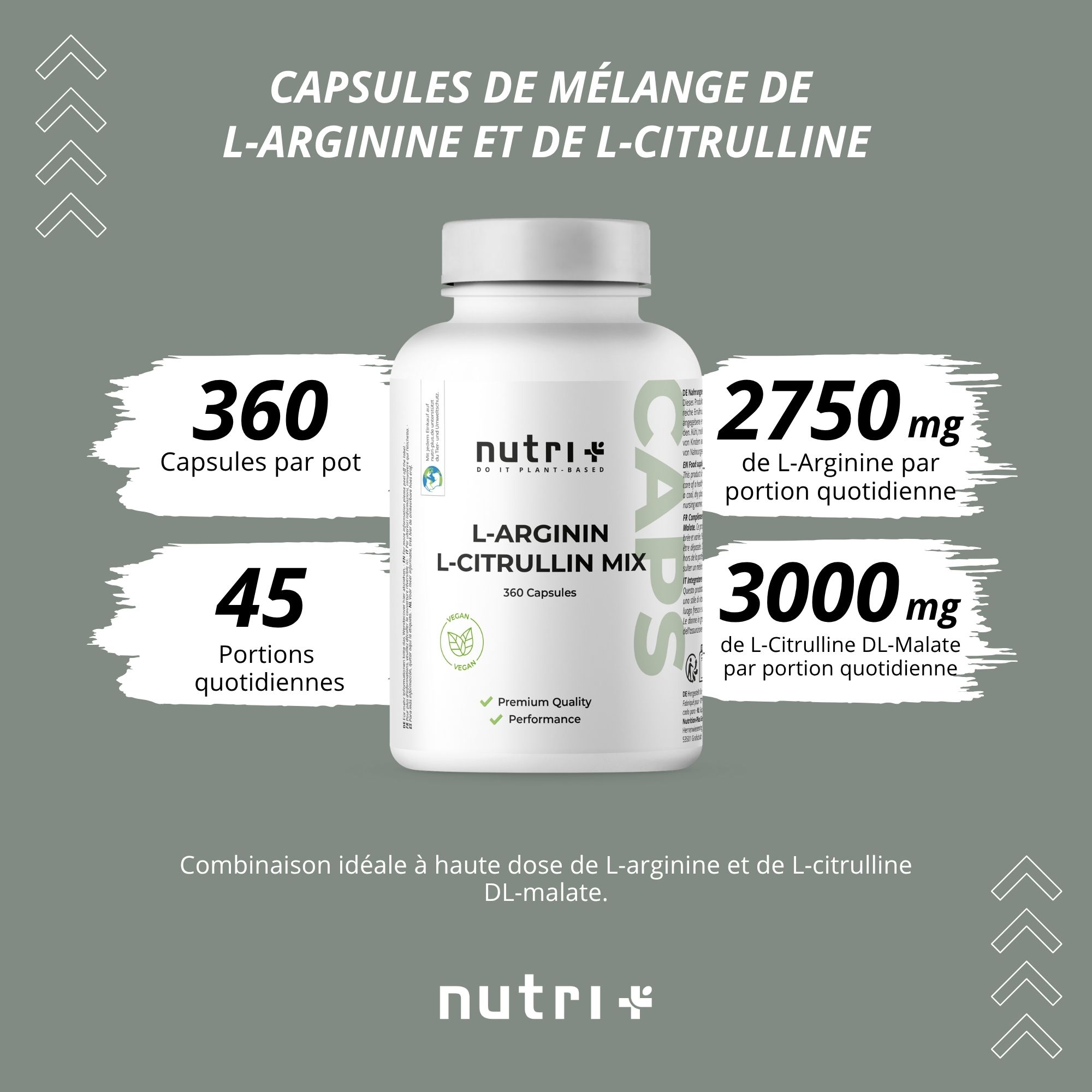 Grafiek met productinformatie. Een fles met capsules, tekst: L-Arginine L-Citrulline Mix, 360 capsules, 45 porties. 2750mg L-Arginine.