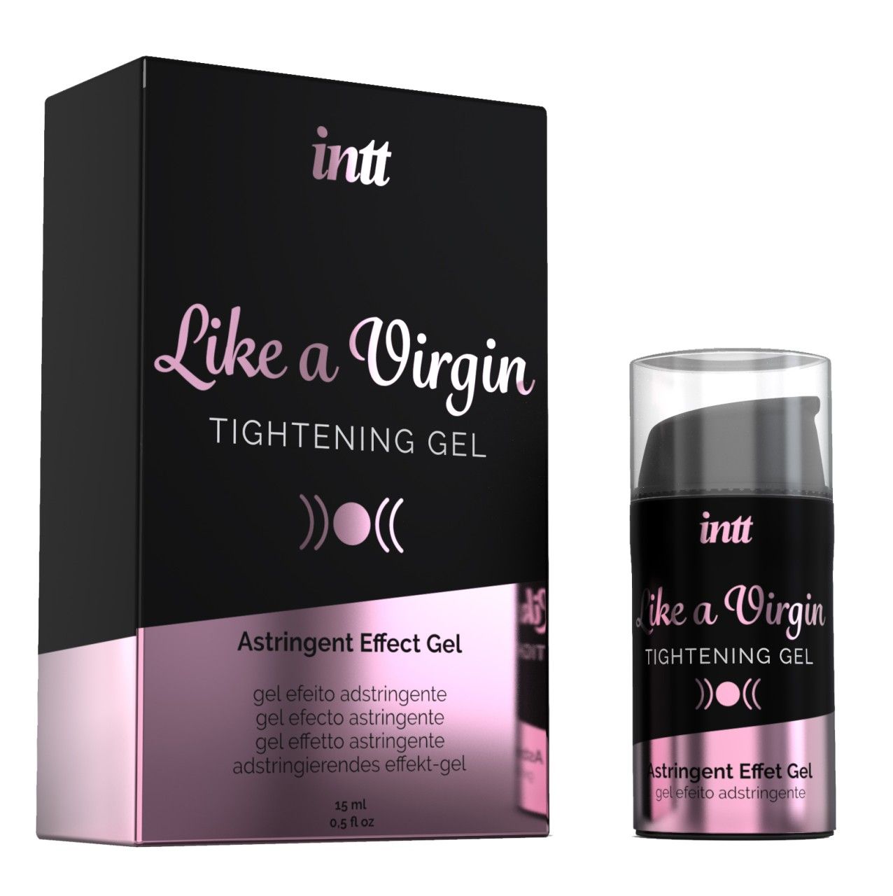 Bouteille et boîte d'emballage de gel raffermissant INTT Like A Virgin.