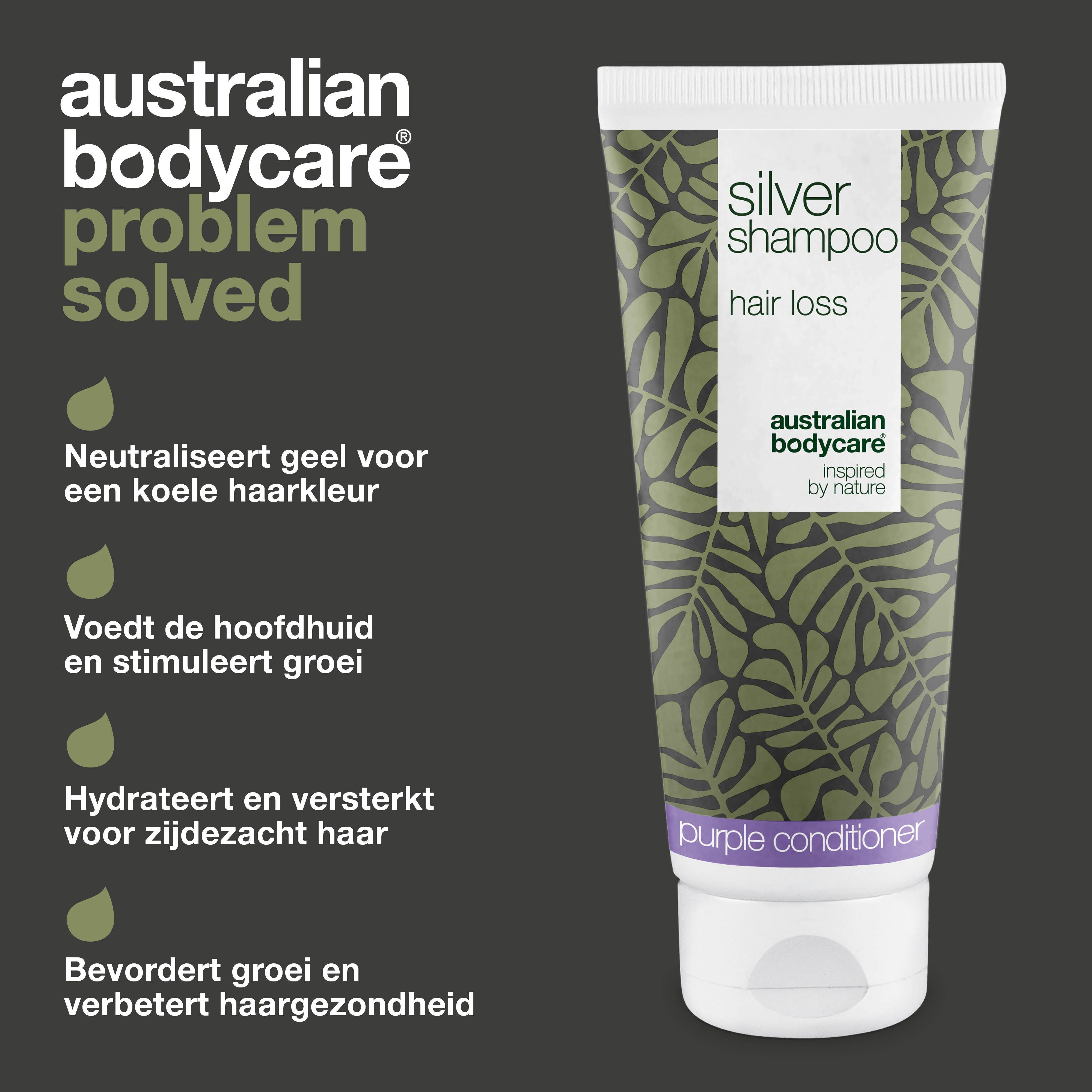 Shampoo tube en tekst. Tekst: neutraliseert gele tinten, voedt hoofdhuid, versterkt haar. Merk: Australian Bodycare.
