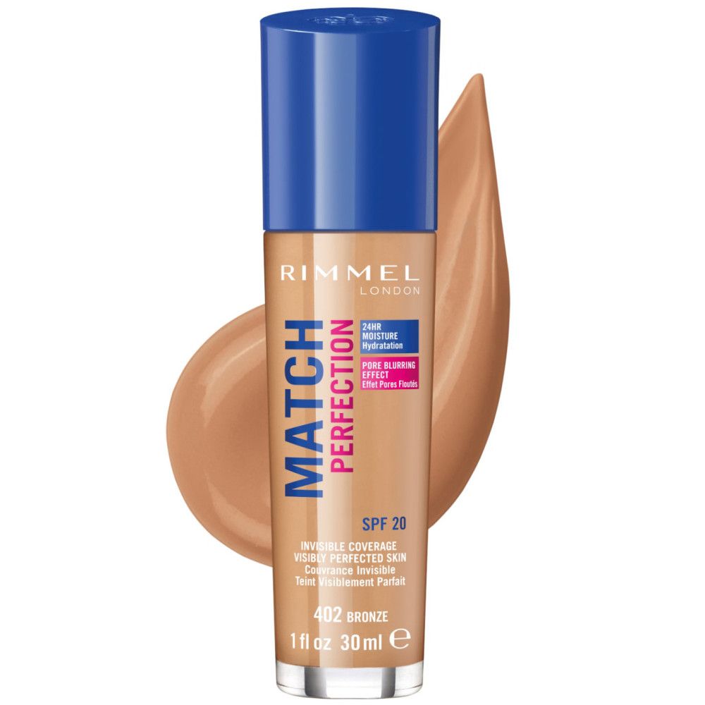 Flacon de fond de teint Rimmel Match Perfection, bouchon bleu. Teinte : 402, Bronze. SPF 20. 30ml. Produit à côté d'une tache de couleur.