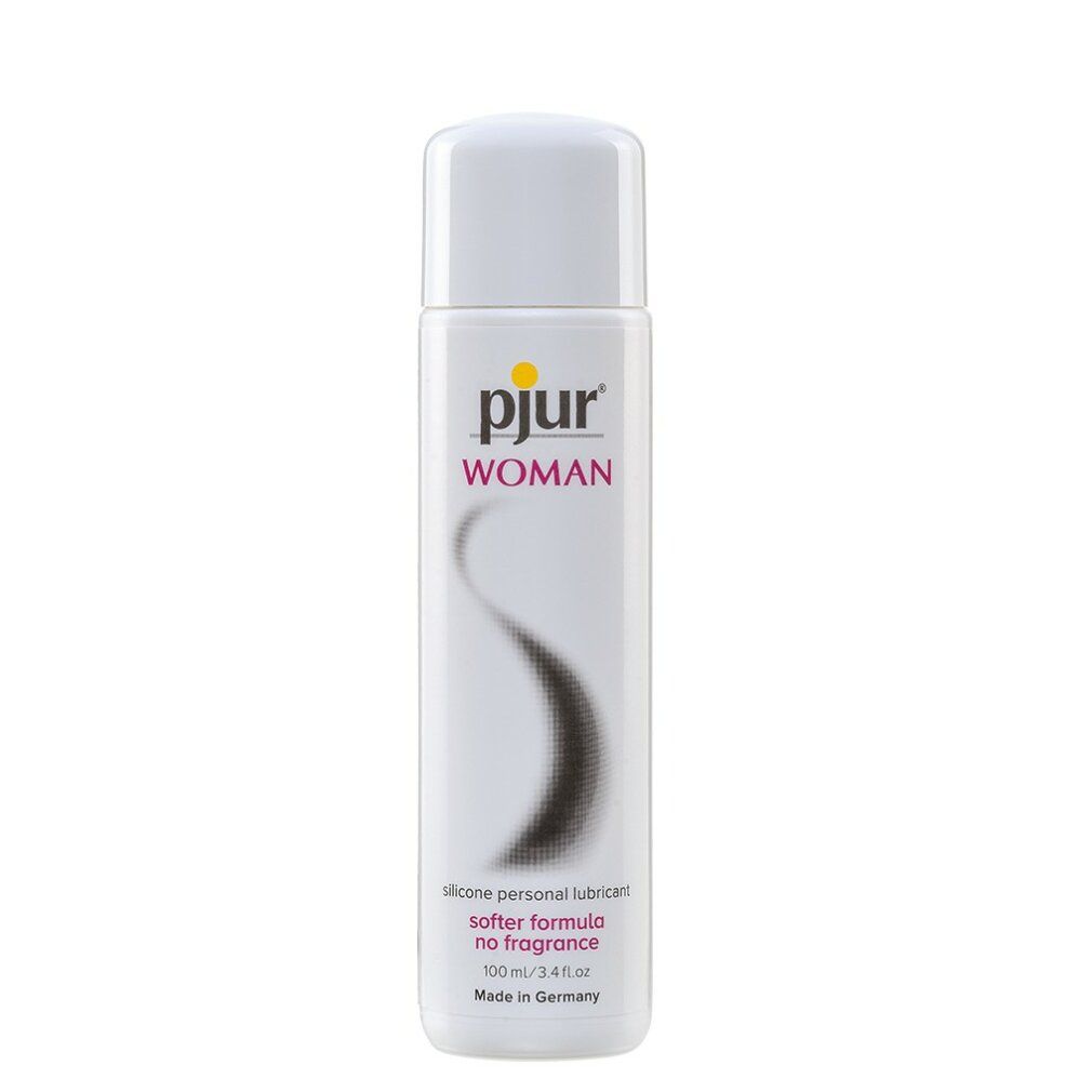 Flacon blanc avec logo "pjur woman". Texte : "silicone personal lubricant softer formula no fragrance".