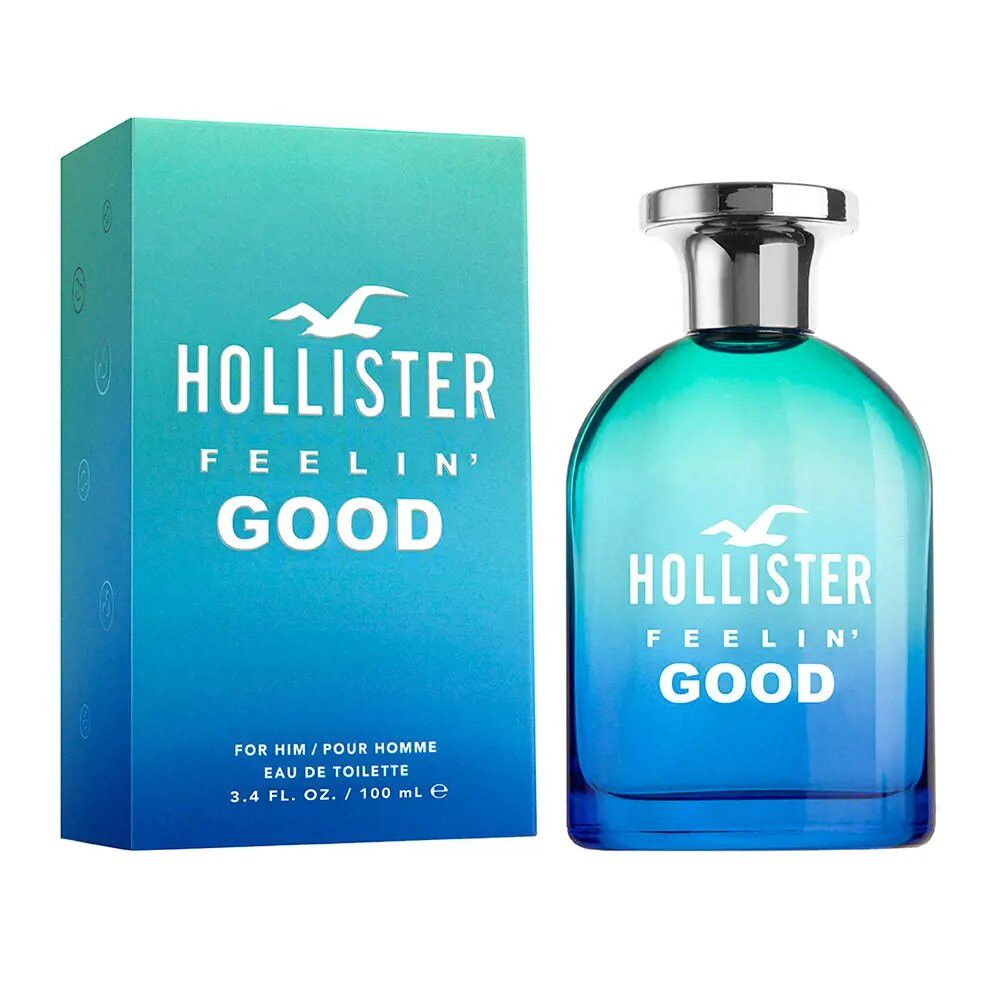 Flacon et boîte bleu-vert. Inscription: Hollister Feelin' Good.