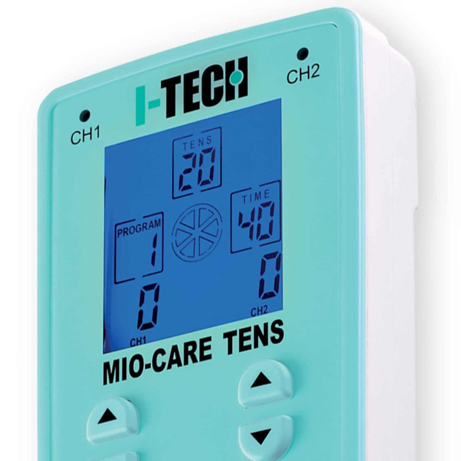 Gros plan d'un appareil d'électrothérapie. Écran bleu avec affichage. Boutons CH1, CH2. Marque I-TECH. Texte : MIO-CARE TENS.