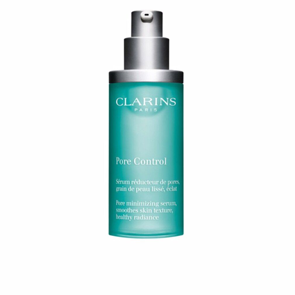 Flacon turquoise avec pompe argentée. Inscription: Clarins, Pore Control. Texte: Serum réducteur de pores, grain de peau lissé, éclat.