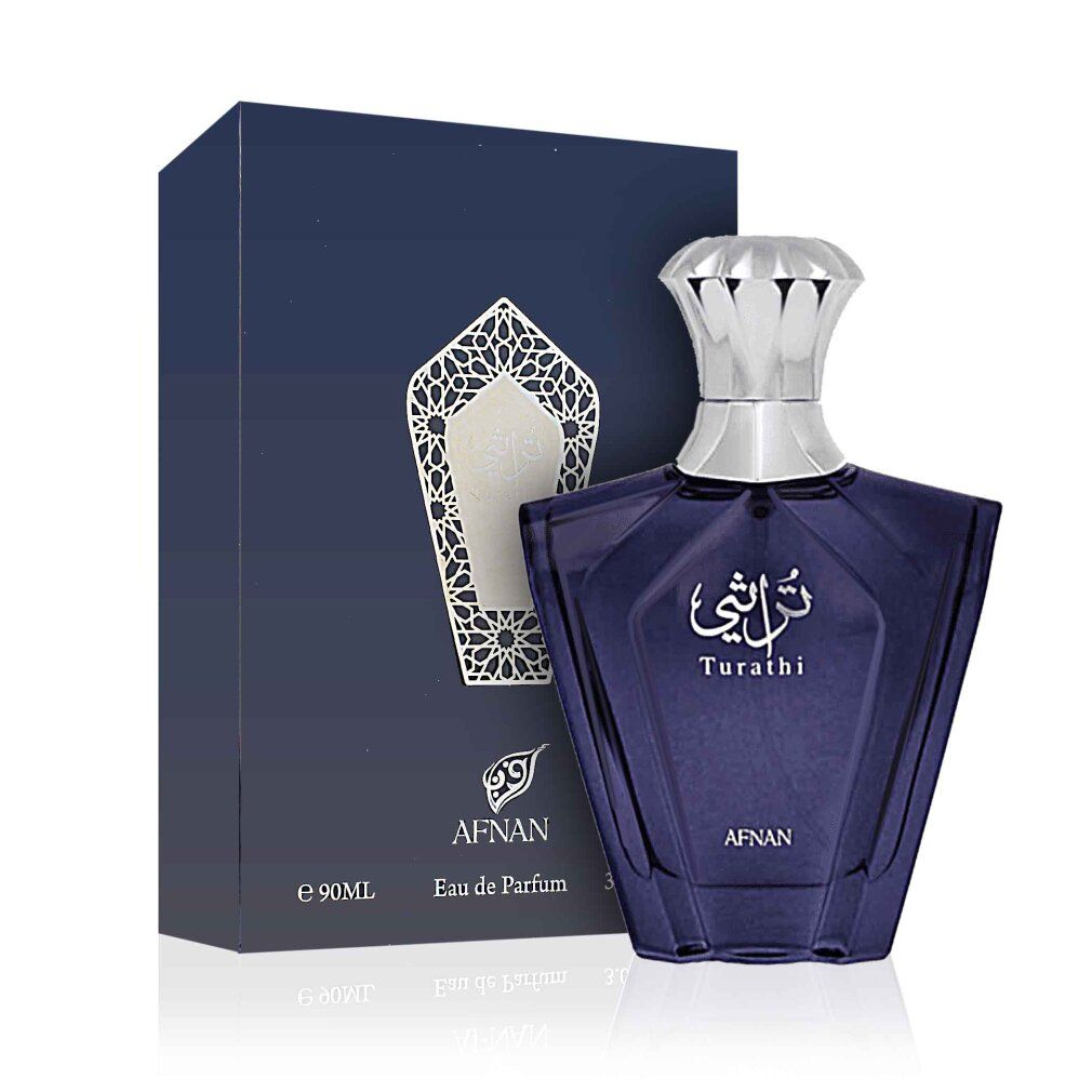 Flacon de parfum et boîte. Inscription "Turathi" et "AFNAN". Boîte avec motif argenté et informations sur le produit.