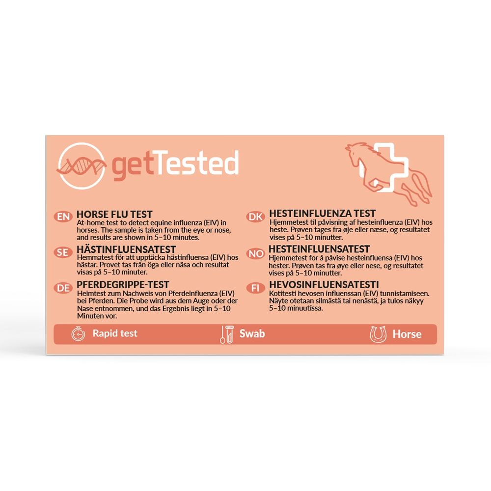Testkit voor paardengriep. Bevat een swab. Resultaten in 5-10 minuten. Merk: getTested. Meertalige tekst.
