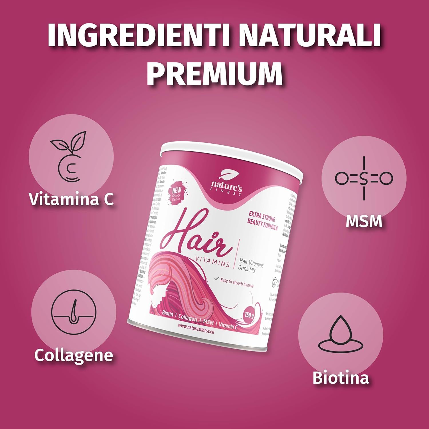 Boîte Nature's Finest Hair Vitamins. Ingrédients : Vitamine C, collagène, MSM, biotine. Fond rose avec icônes.