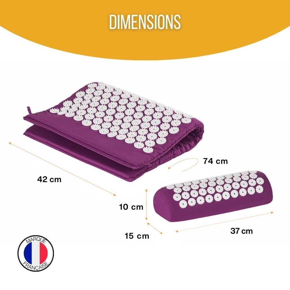 Dimensions du kit d'acupression : tapis 74x42 cm, coussin 37x15x10 cm. Avec label qualité français.