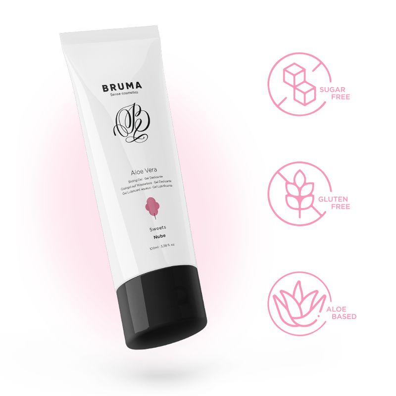 Tube blanc, bouchon noir. Inscription: Bruma, Aloe Vera, barbe à papa. Symboles: sans sucre, sans gluten, à l'aloe vera.