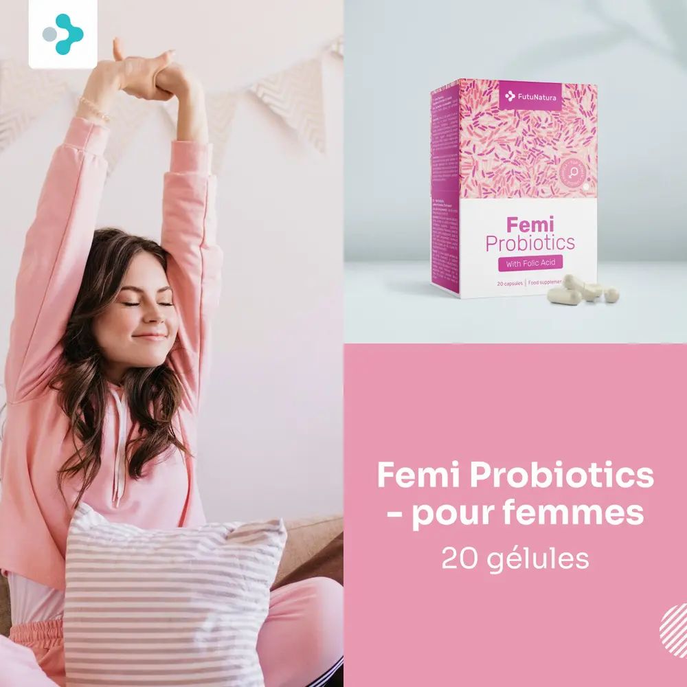 Femi Probiotics - pour femmes. Femme s'étire. Boîte et gélules.