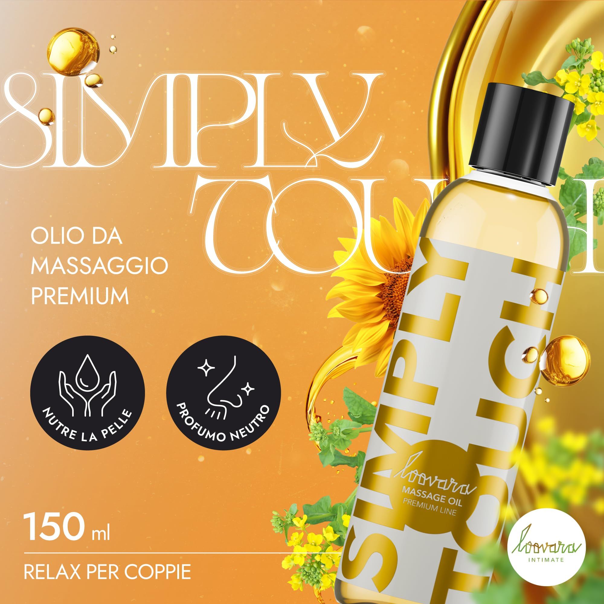 Bouteille d'huile de massage Loovara Simply Touch près de tournesols et de fleurs jaunes.