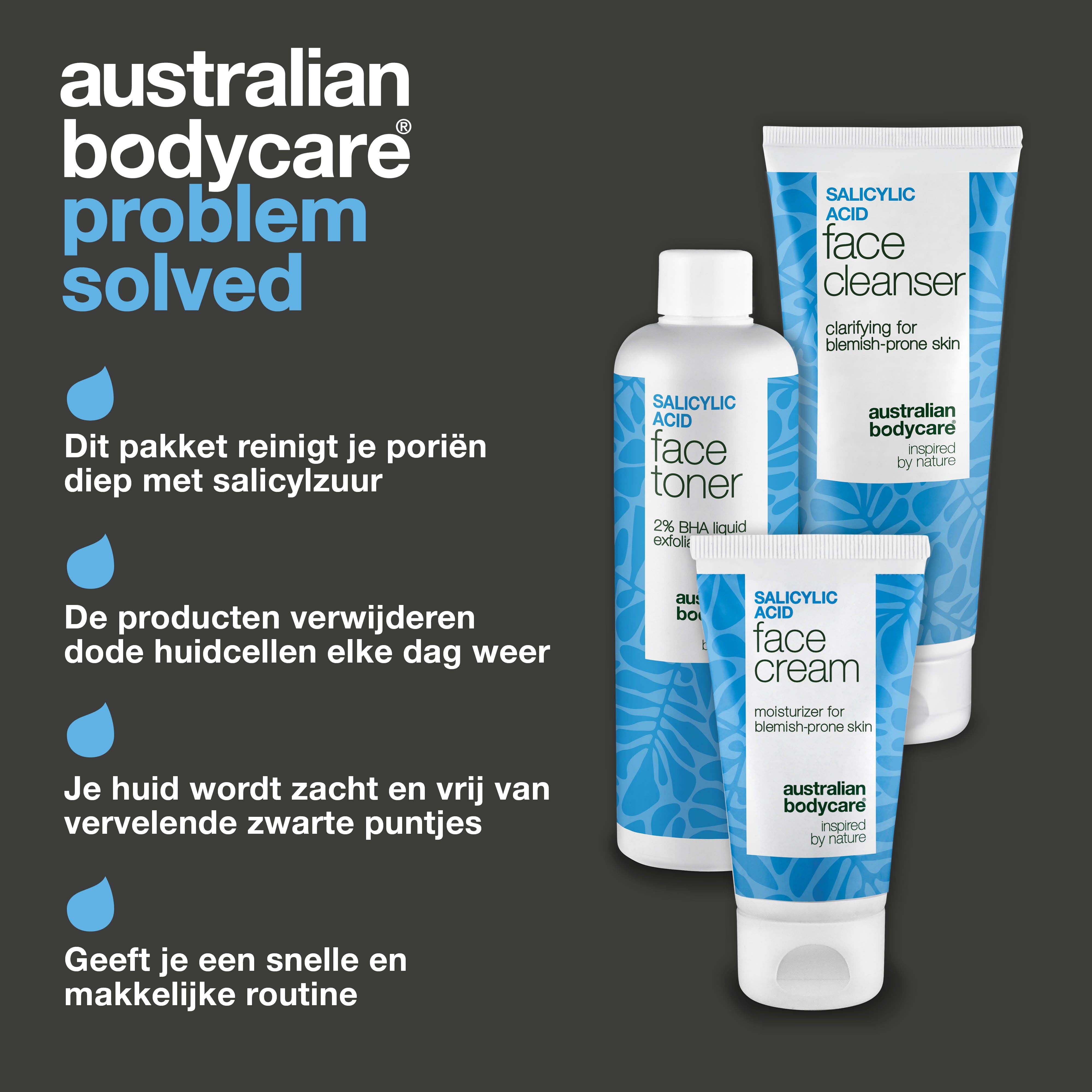 Drie producten van Australian Bodycare: gezichtstonic, reiniger en crème. Tekst: probleem opgelost.