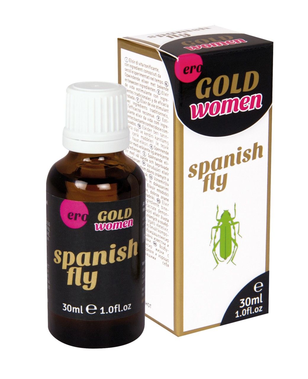 Bruine glazen fles met witte dop en doos. Bevat 30ml 'Spanish Fly Gold Women'.