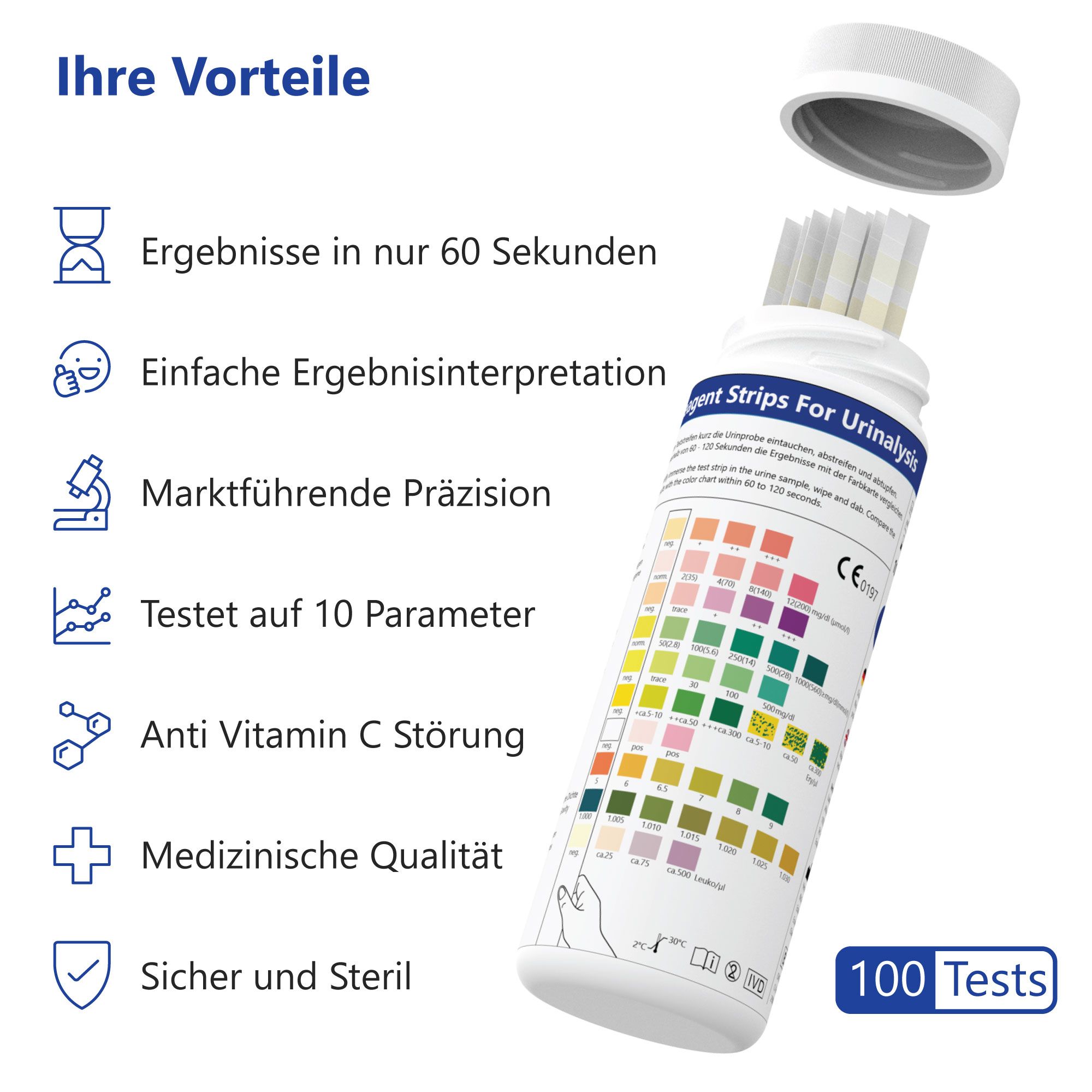 Flesje met teststrips, geopend. Opschrift: Reagent Strips For Urinalysis, 100 tests. Voordelen: resultaten in 60 seconden, etc.