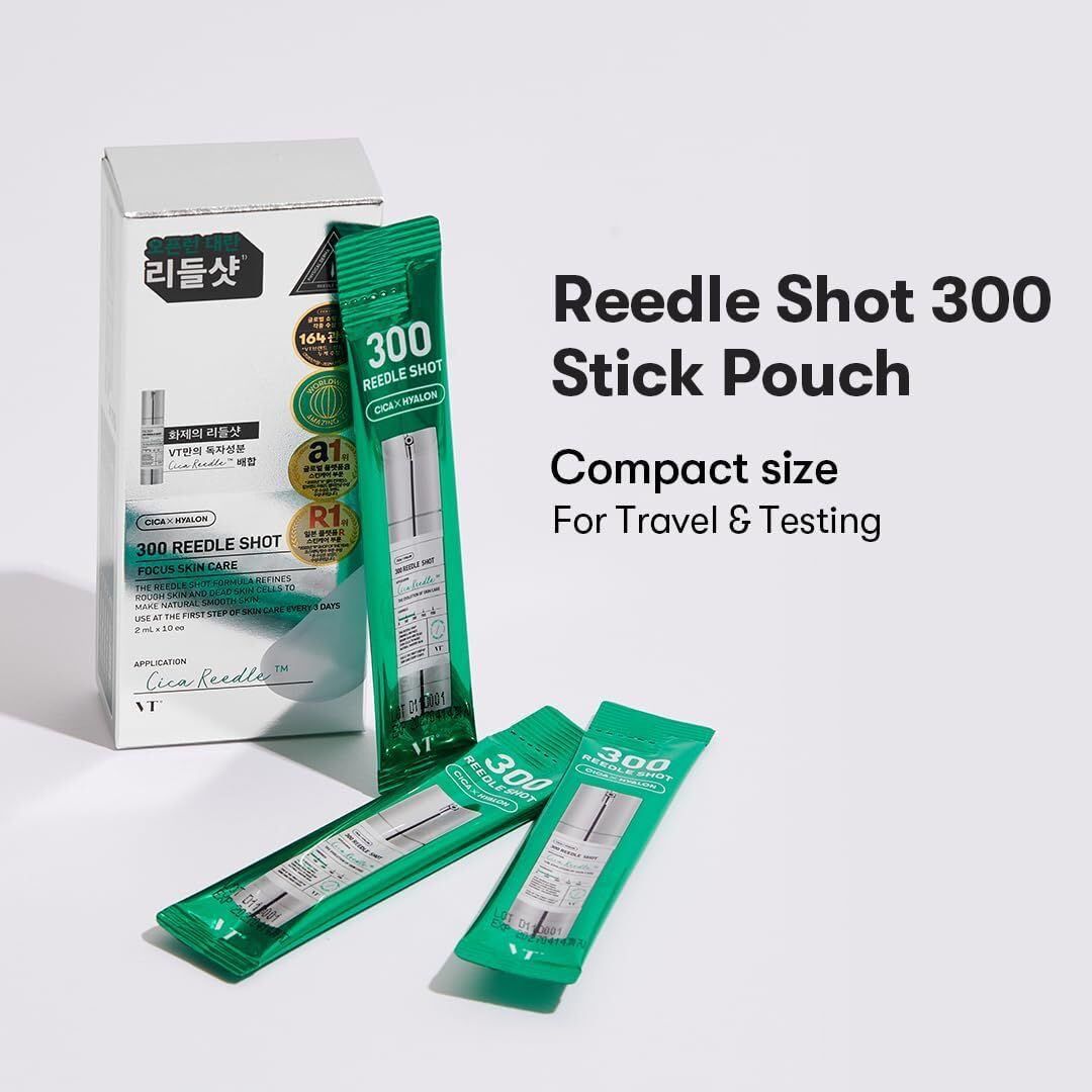 Meerdere individuele zakjes VT COSMETICS 300 Reedle Shot. Groen-wit ontwerp. Tekst: 300 REEDLE SHOT, Compact size.