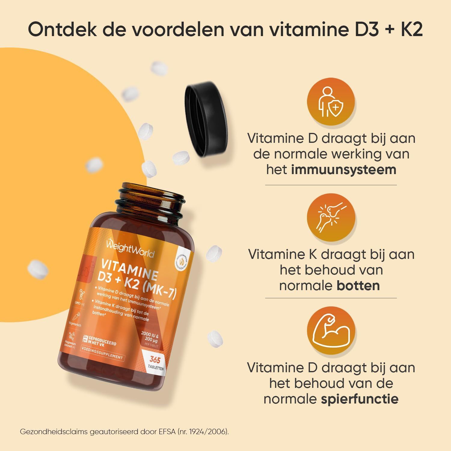 WeightWorld Vitamine D3+K2 fles, 365 tabletten, 2000 IE D3, 200µg K2.