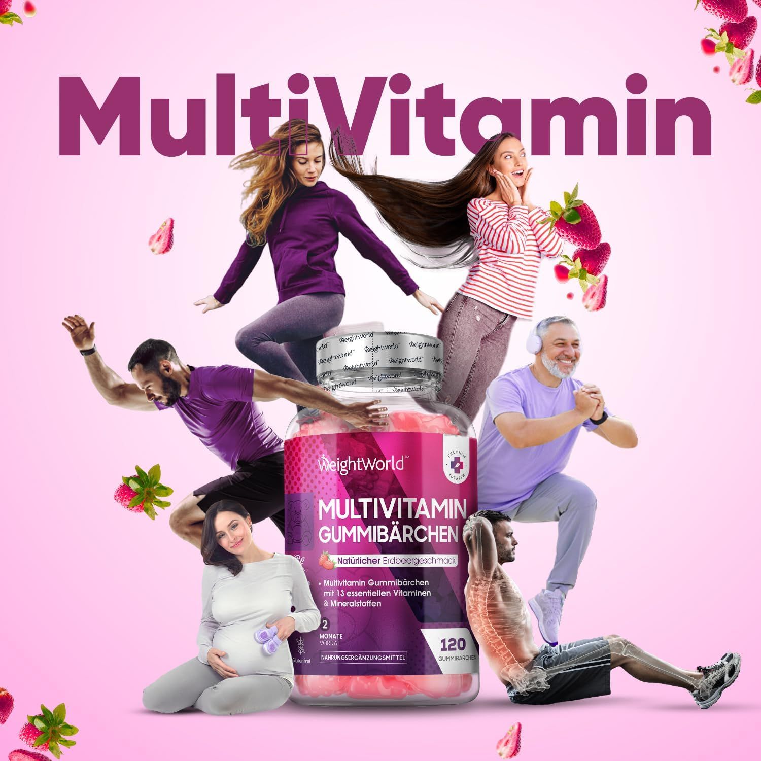 Reclamebeeld met mensen die sporten en een flesje gummies. Aardbeien op de achtergrond.