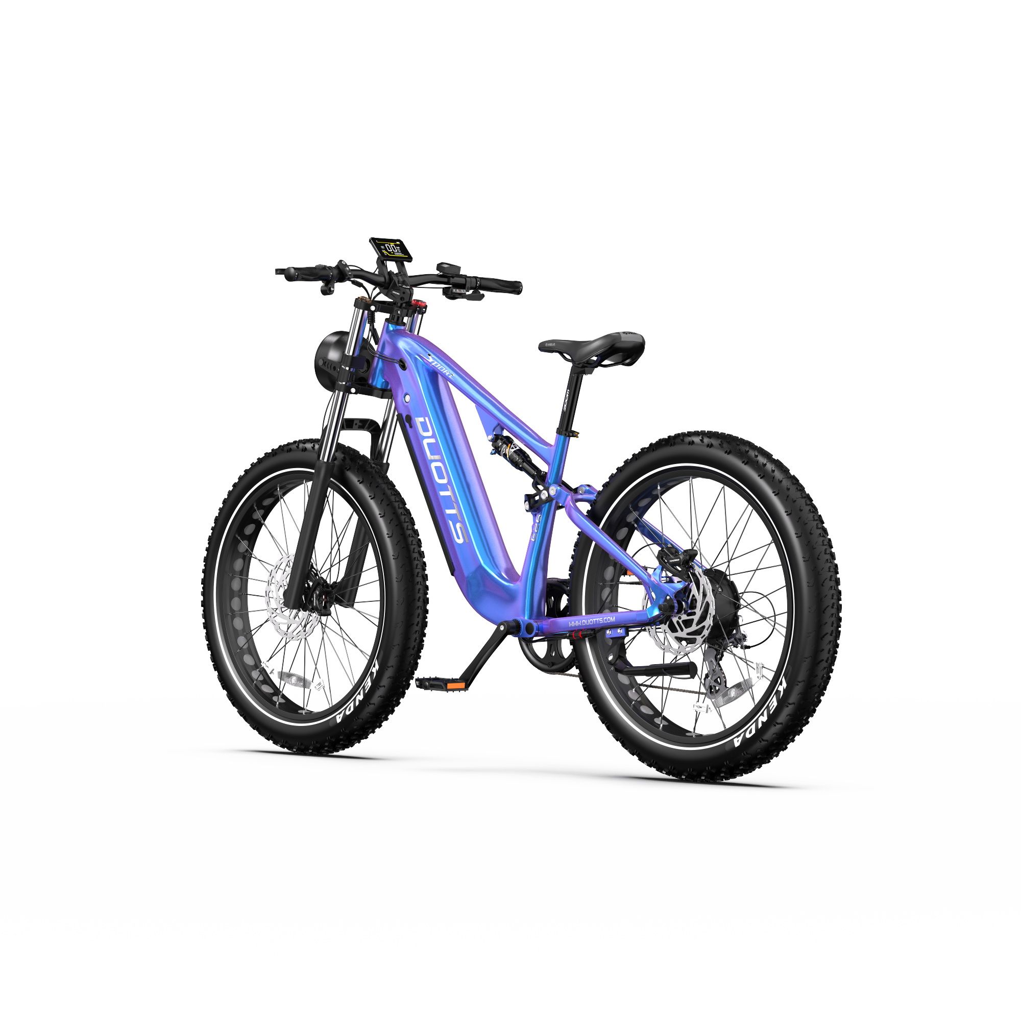 Elektrische mountainbike met kleurovergang. Zwarte banden, zadel en stuur. DUOTTS-logo op frame. Koplamp.