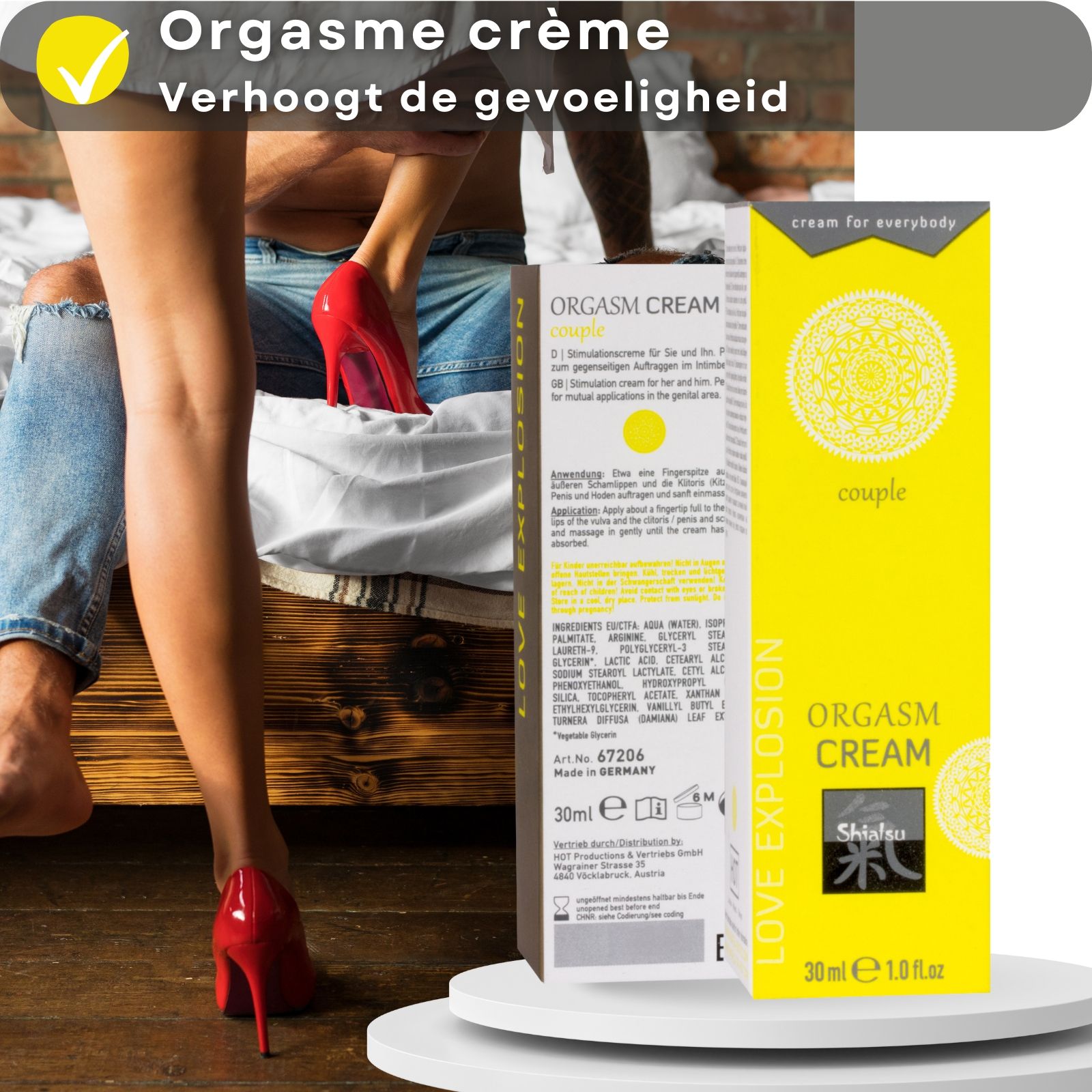 Gele tube en doos. Opschrift: ORGASM CREAM, Shiatsu, 30 ml. Koppel op de achtergrond.