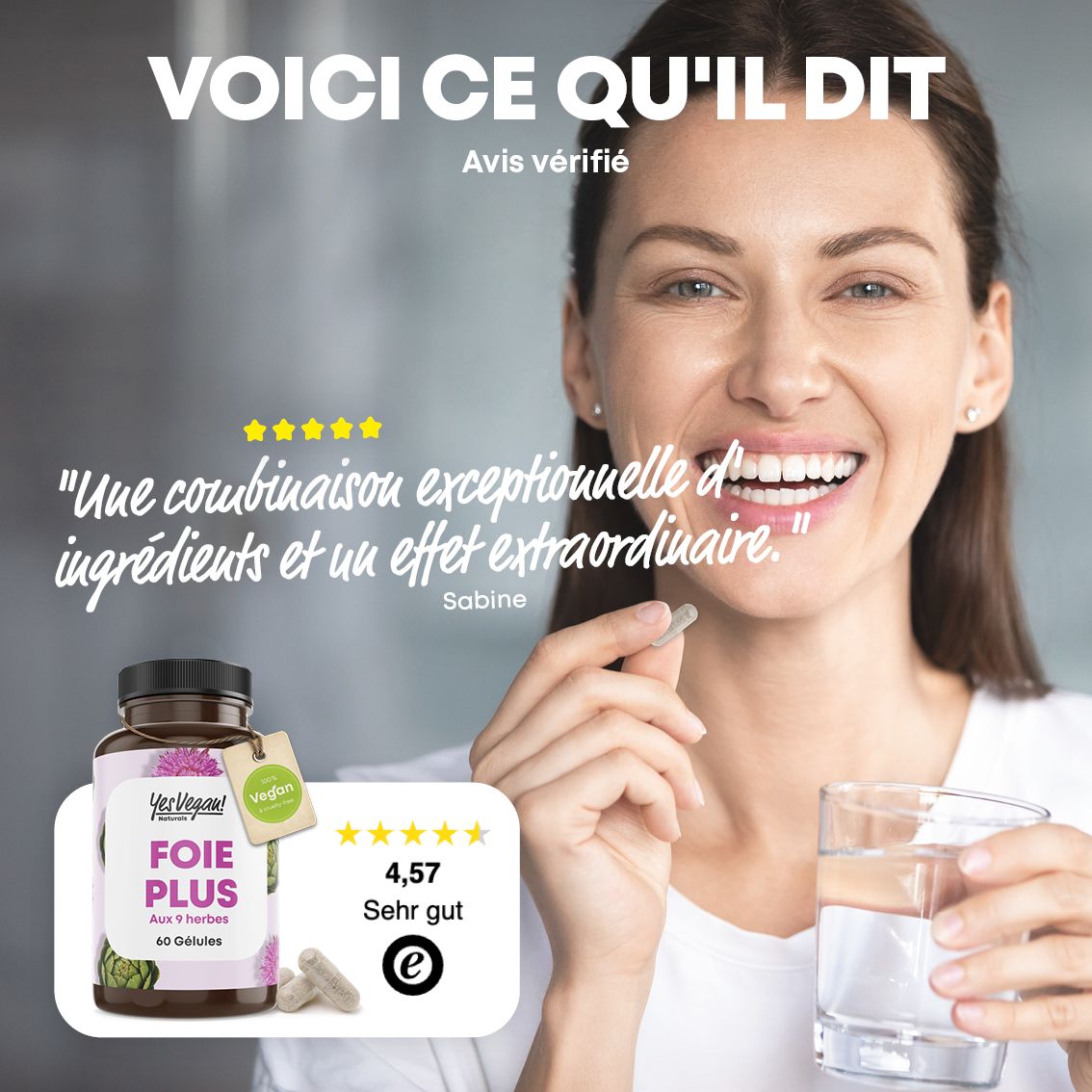 Femme souriante avec une gélule et un verre d'eau, à côté une bouteille 'Foie Plus' et un avis client.