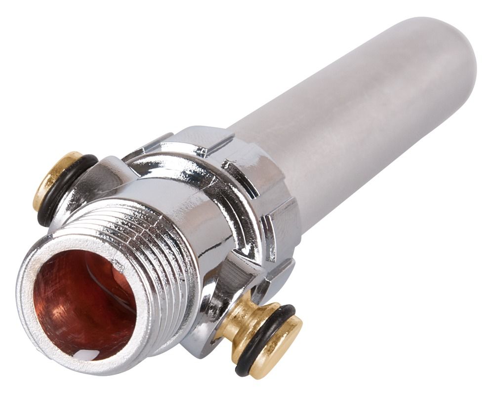 Douche intime en aluminium. Corps cylindrique, bout arrondi et plusieurs buses. Raccords chromés.