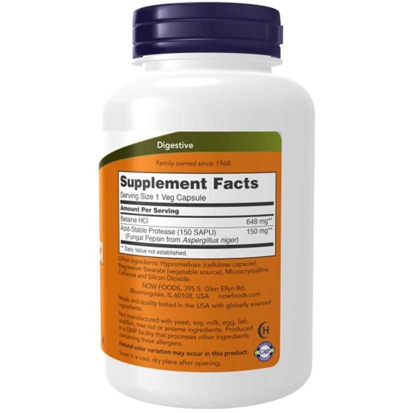 Dos du flacon. Étiquette orange avec informations nutritionnelles. Texte: Betaine HCl, Anti-Stable Protease. Logo: NOW.
