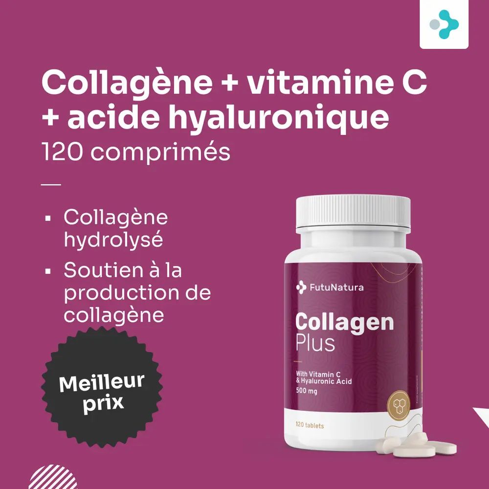 Flacon avec étiquette violette et comprimés blancs. Texte : Collagène + Vitamine C + acide hyaluronique, 120 comprimés. Texte : Collagène hydrolysé.