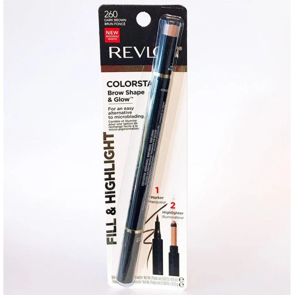 Revlon ColorStay Brow Shape & Glow, crayon à sourcils dans son emballage. Brun foncé, crayon et enlumineur. Emballage noir avec informations.