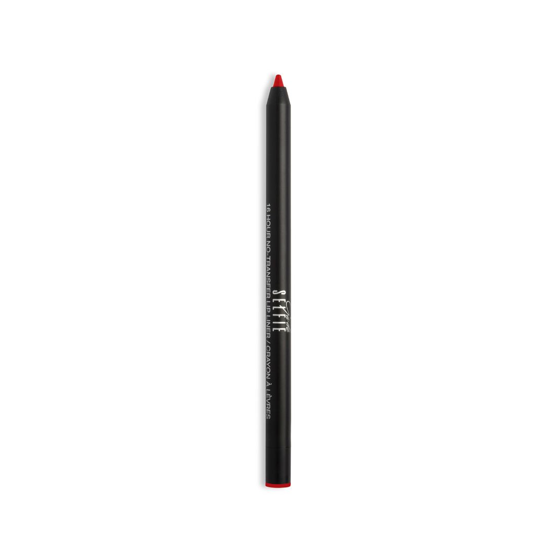 Crayon à lèvres noir avec pointe rouge. Inscription: Selfie. Forme cylindrique et fine.
