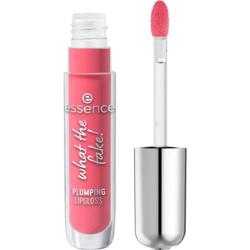Tube de gloss avec applicateur. Contenu rose. Inscription : Essence, What the Fake!, Plumping Lipgloss.