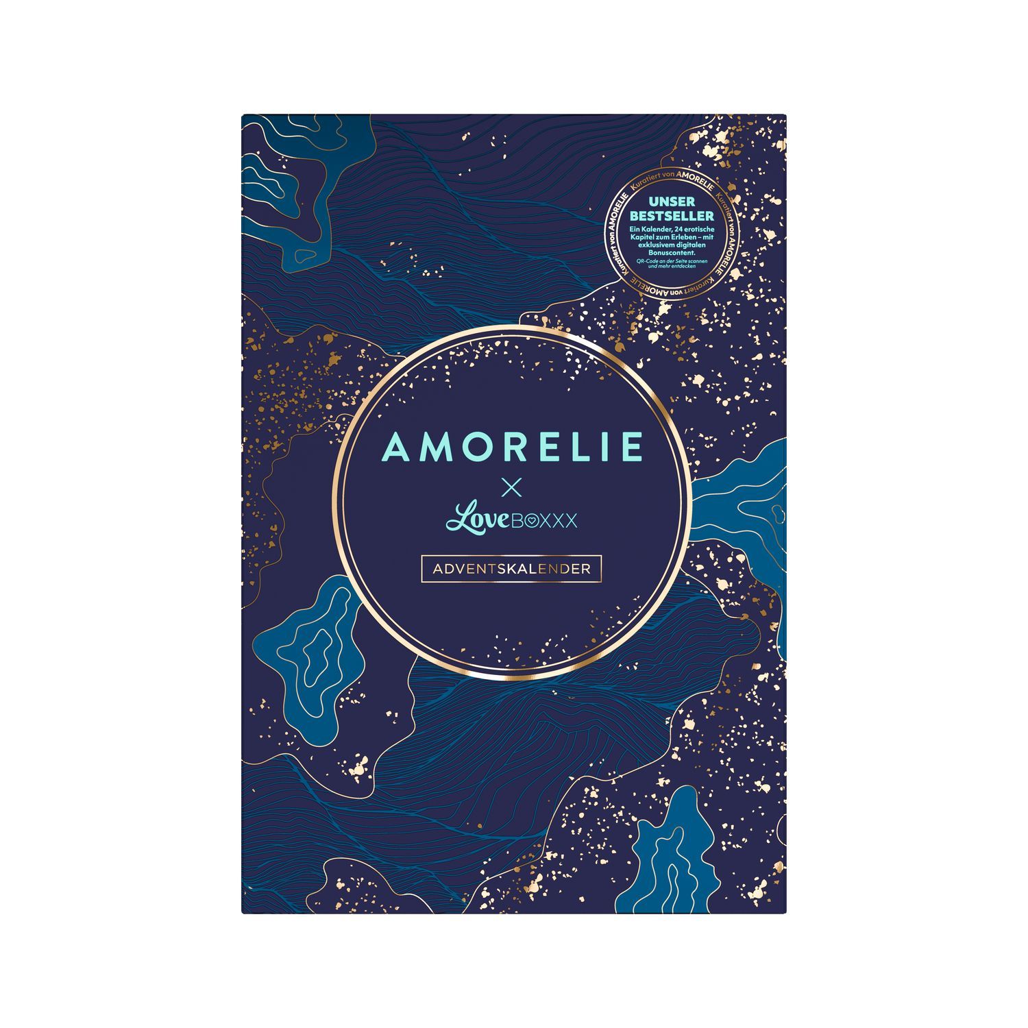Face avant d'un calendrier de l'Avent AMORELIE x Loveboxxx, design bleu et étoiles dorées.