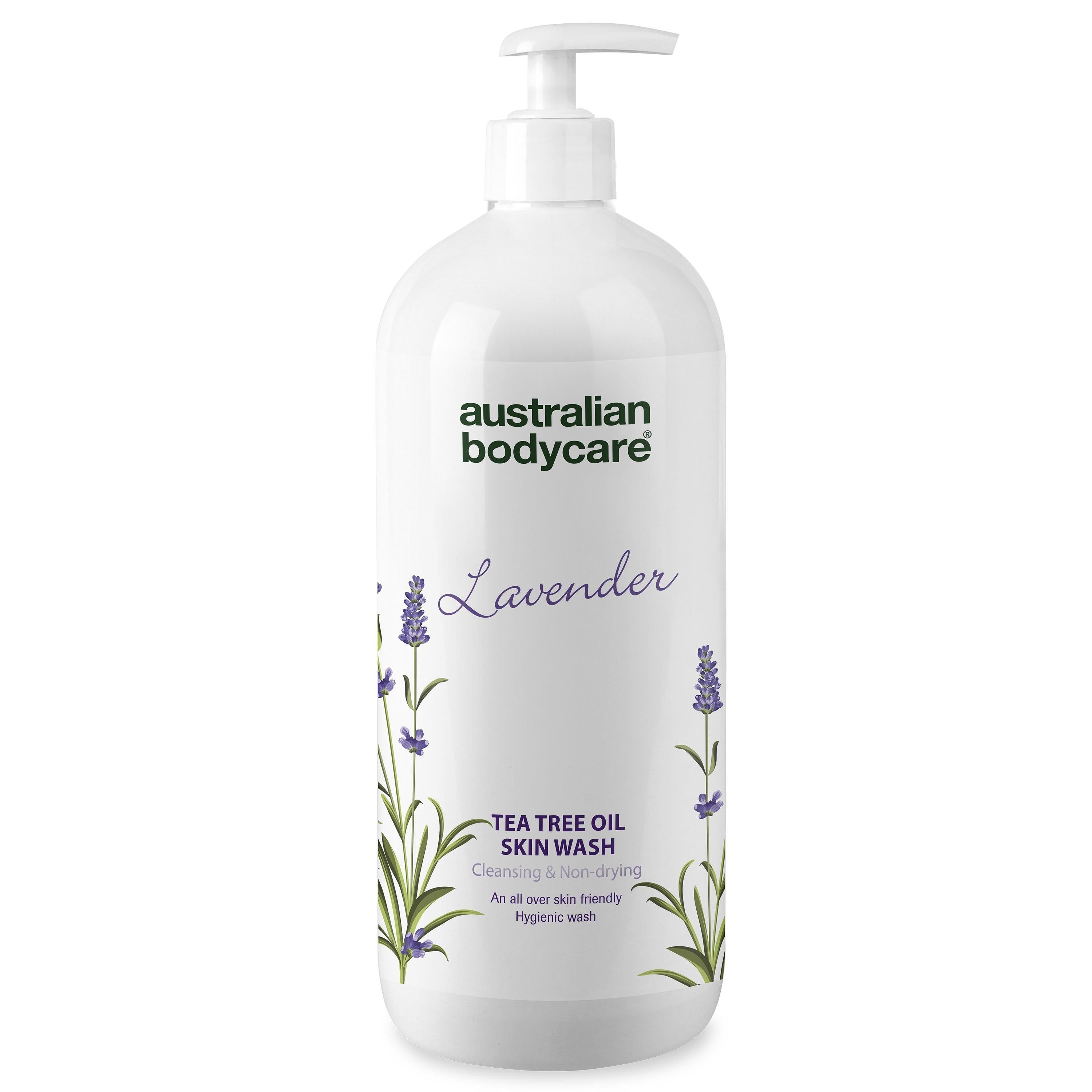 Flacon blanc avec pompe, design lavande. Texte: Australian Bodycare, Lavender, Tea Tree Oil Skin Wash.
